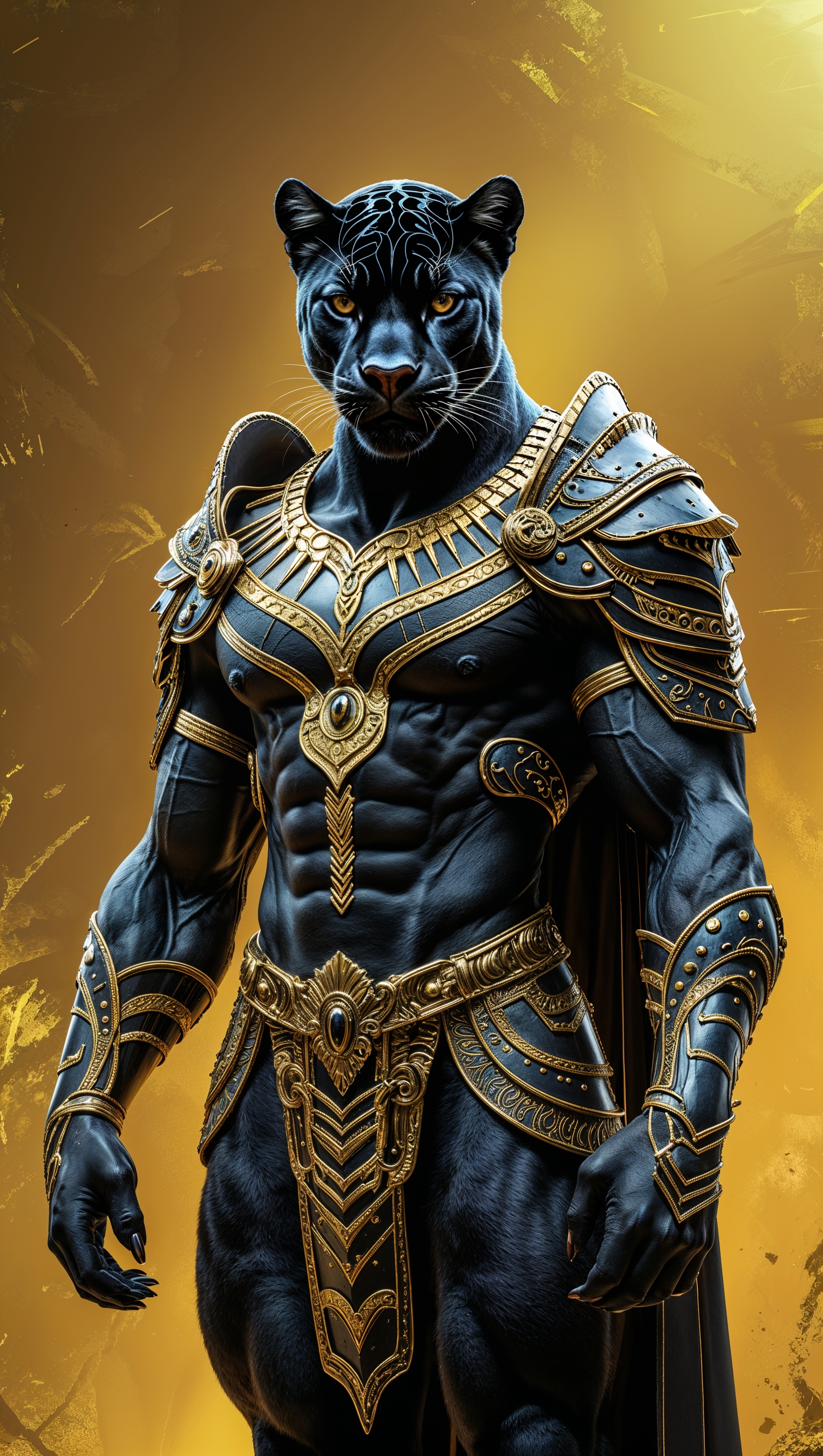 Black Panther in golden armor, glowing background, majestic vibe