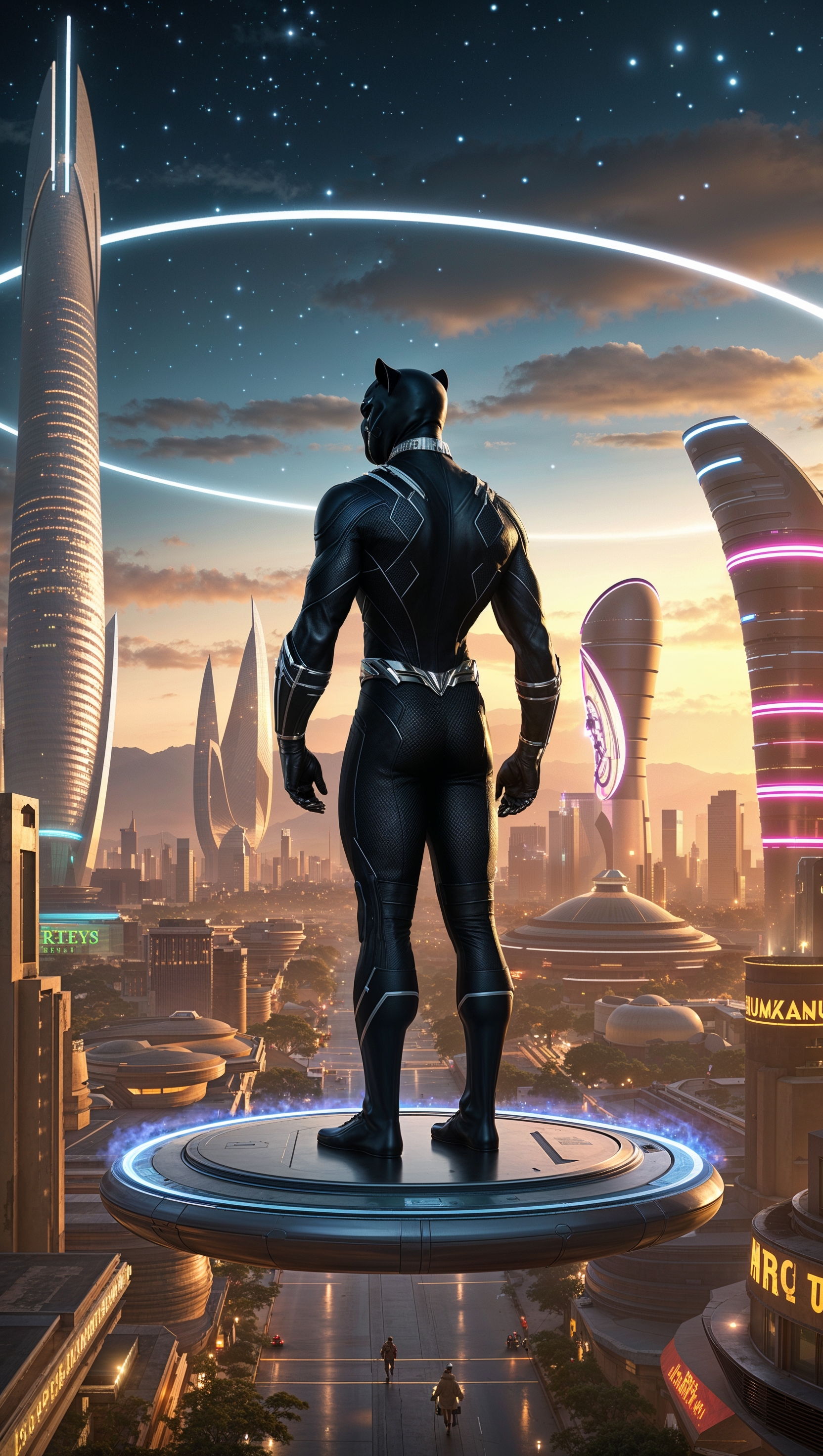 Black Panther looking over a futuristic Wakanda, sci-fi feel