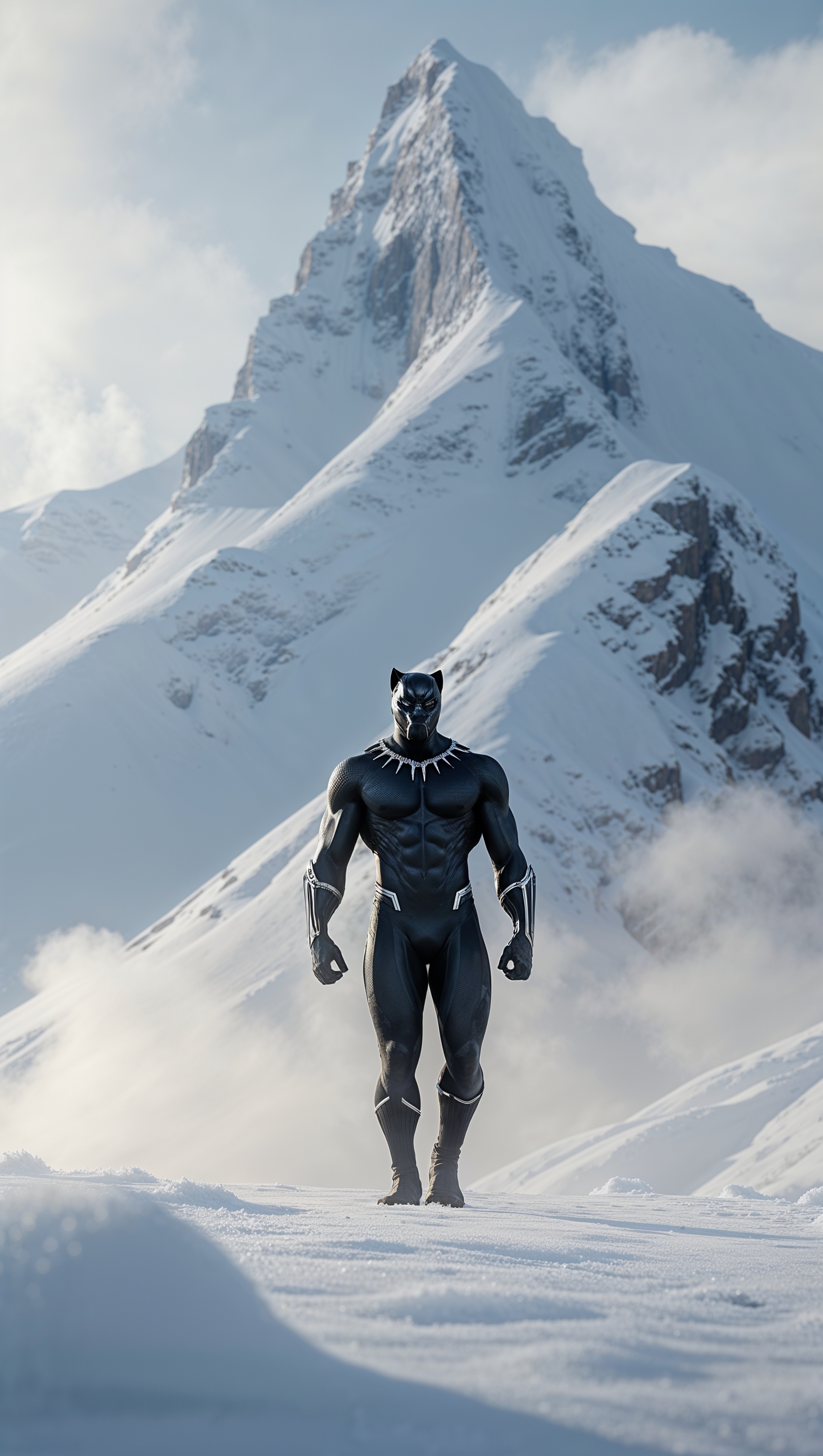 Black Panther in a snowy mountain scene, contrast of dark suit and white snow