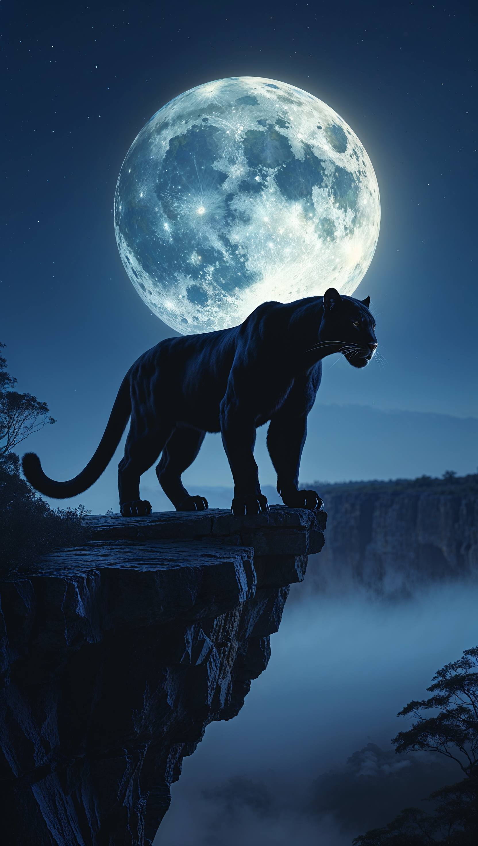 Silhouette of Black Panther on a cliff, moon behind him, peaceful night