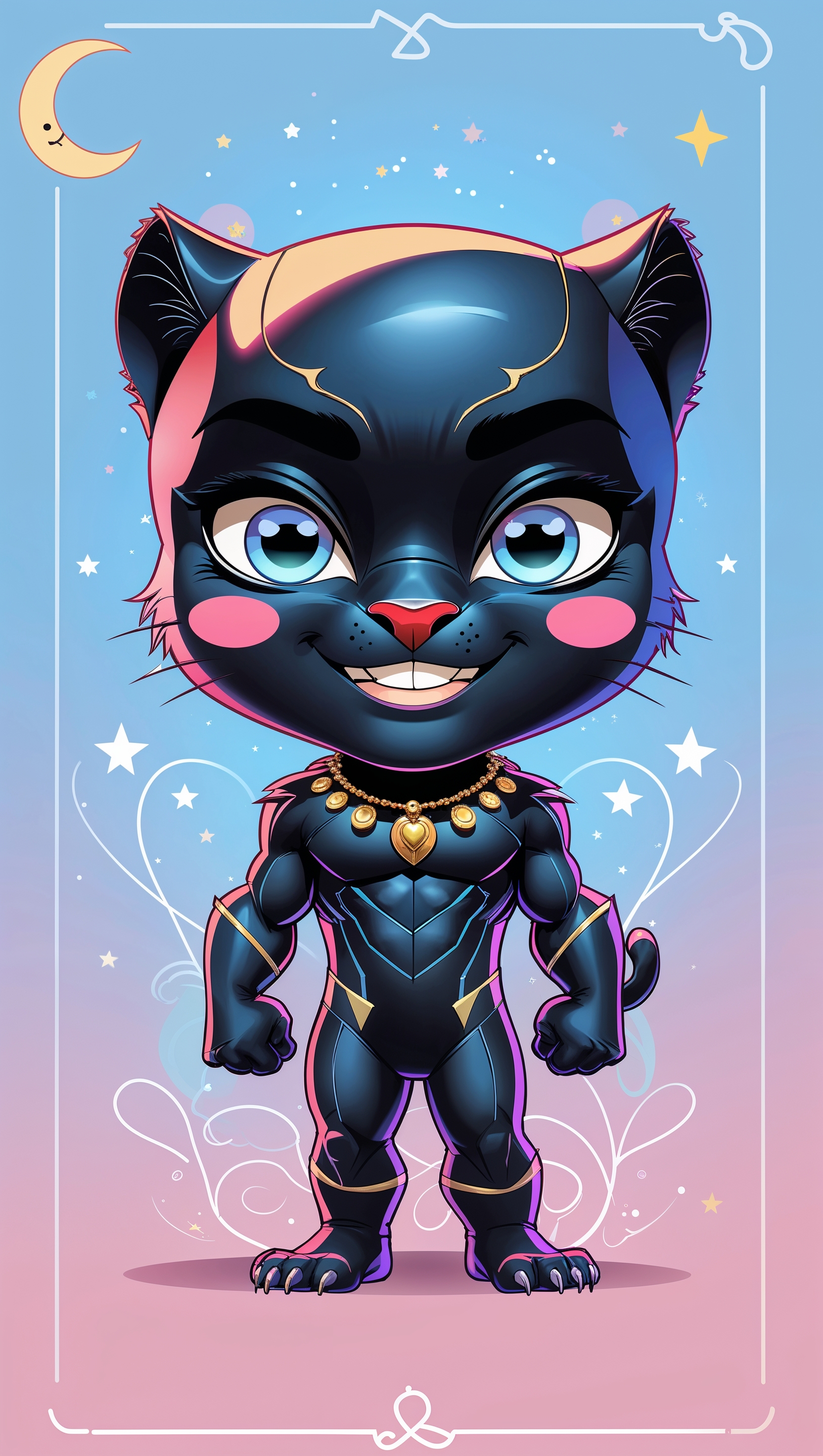 Chibi-style cute Black Panther, kawaii iPhone wallpaper
