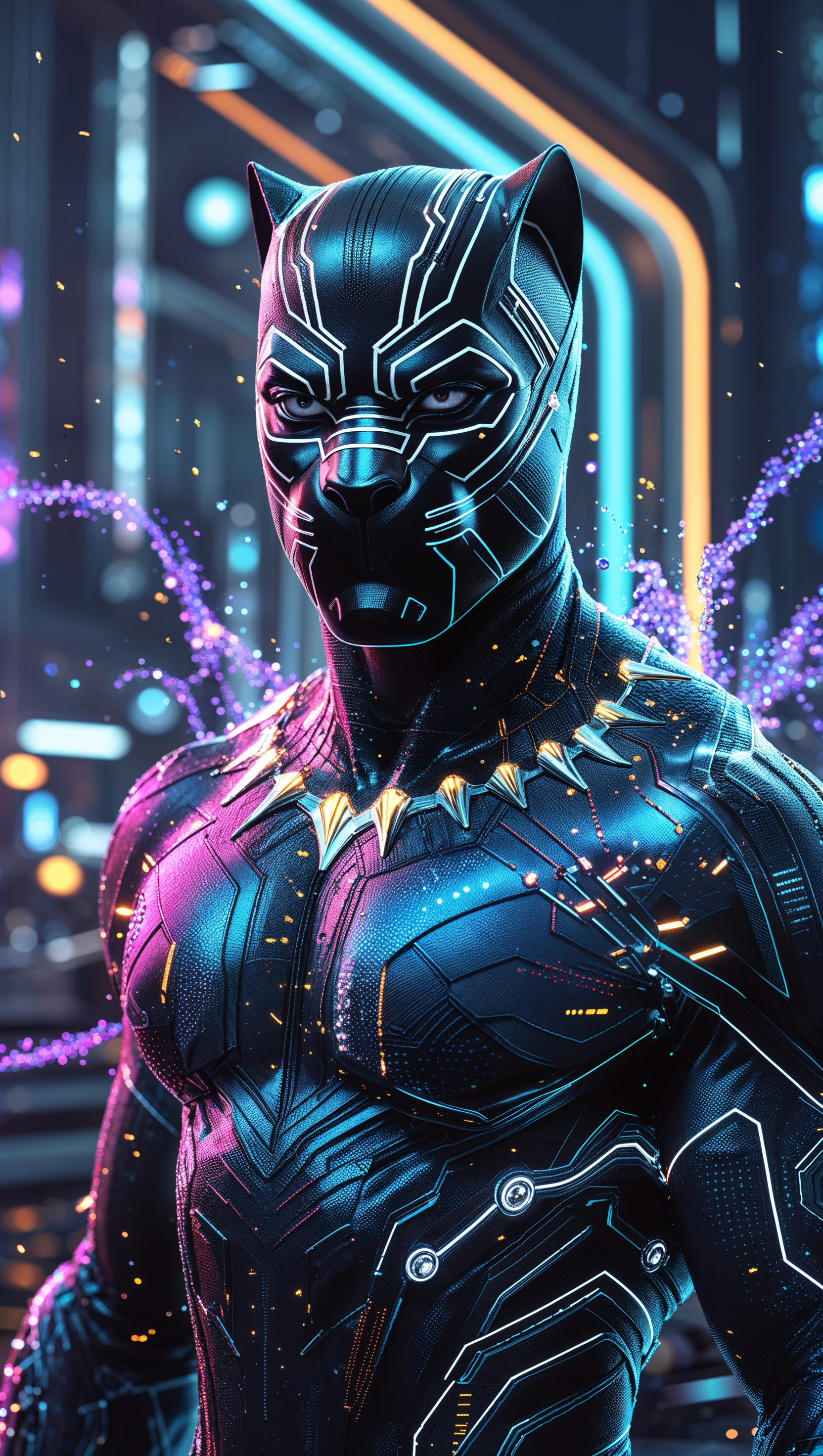 Black Panther made of glowing digital particles, high-tech theme