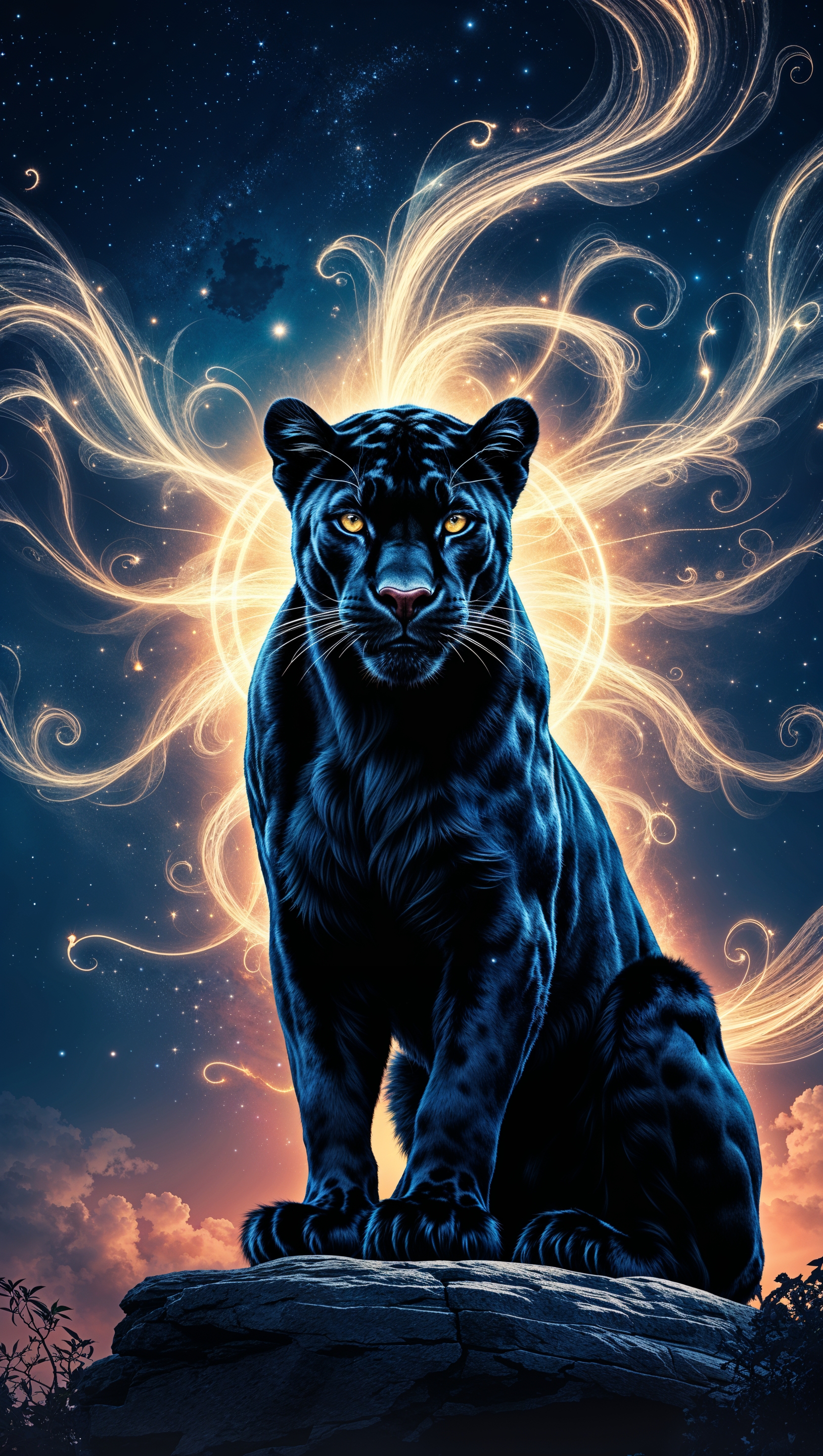 Black Panther spirit animal with energy aura, magical wallpaper for iPhone