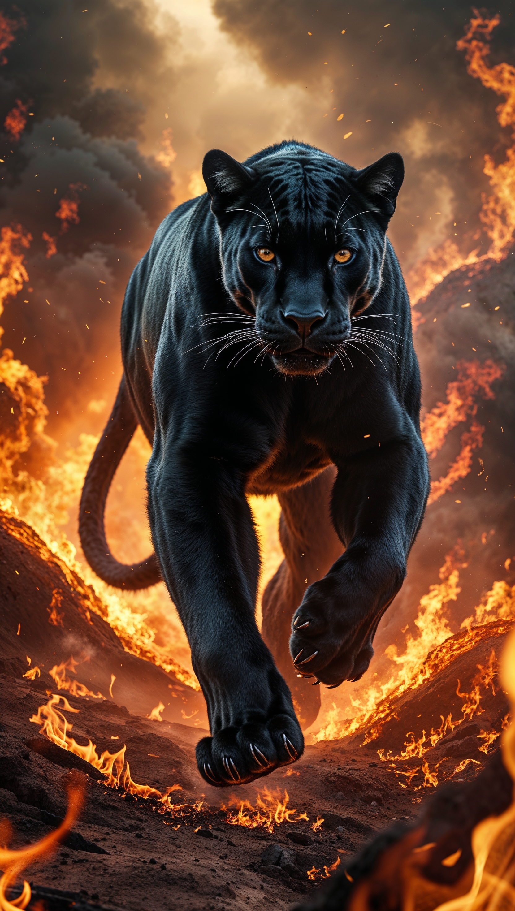 Black Panther walking through fire, flames all around, heroic vibe