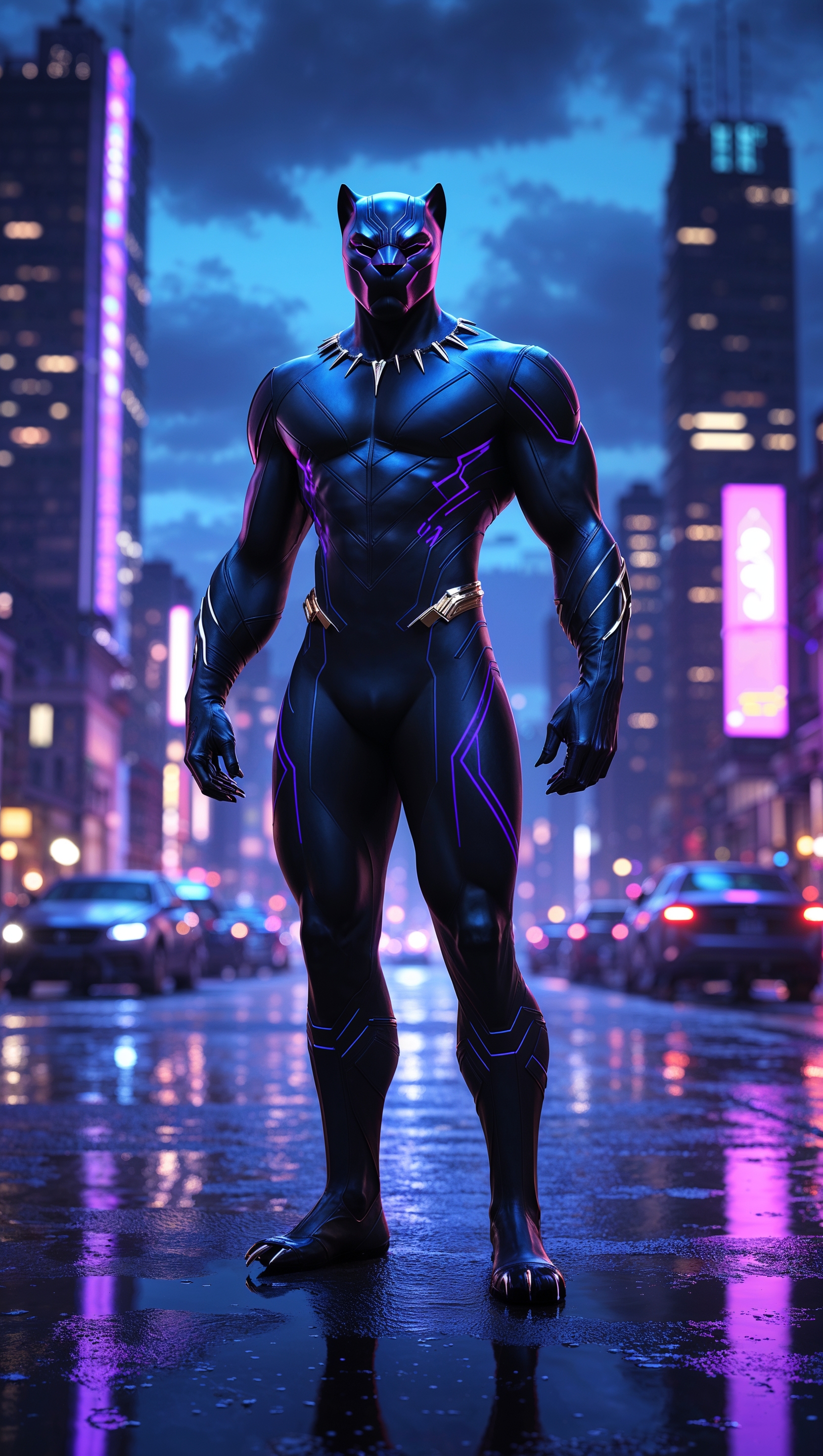 Cyberpunk Black Panther with neon cityscape, high contrast iPhone wallpaper