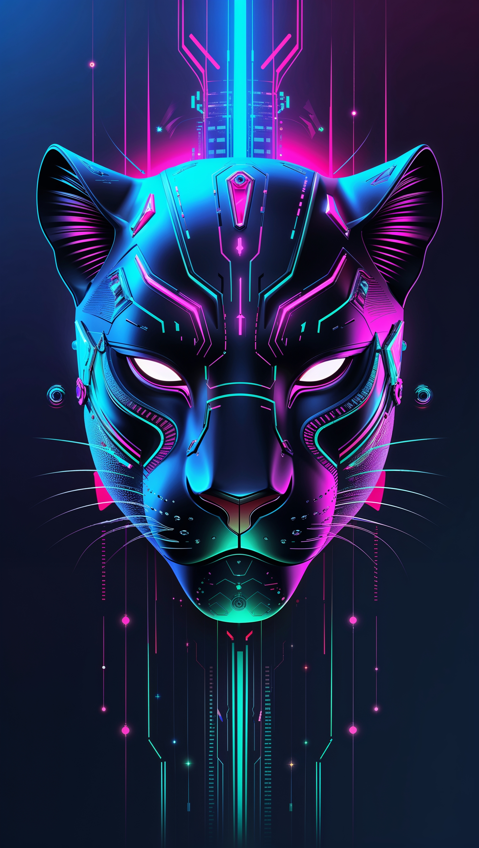 Abstract art of Black Panther mask with neon effects, vertical wallpaper for iPhone