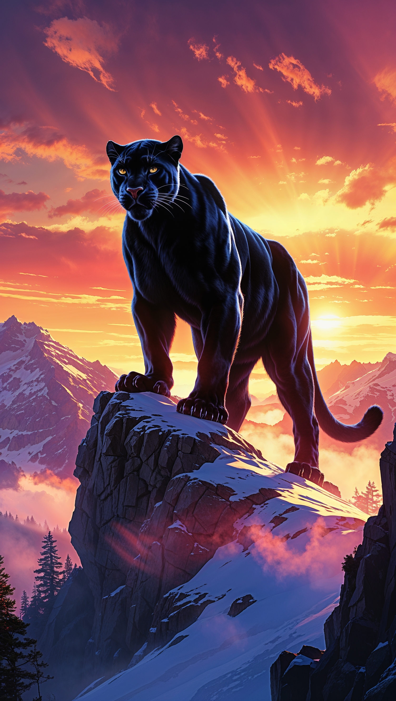 Black Panther standing on a mountain at sunset, cinematic lighting, 4K iPhone wallpaper