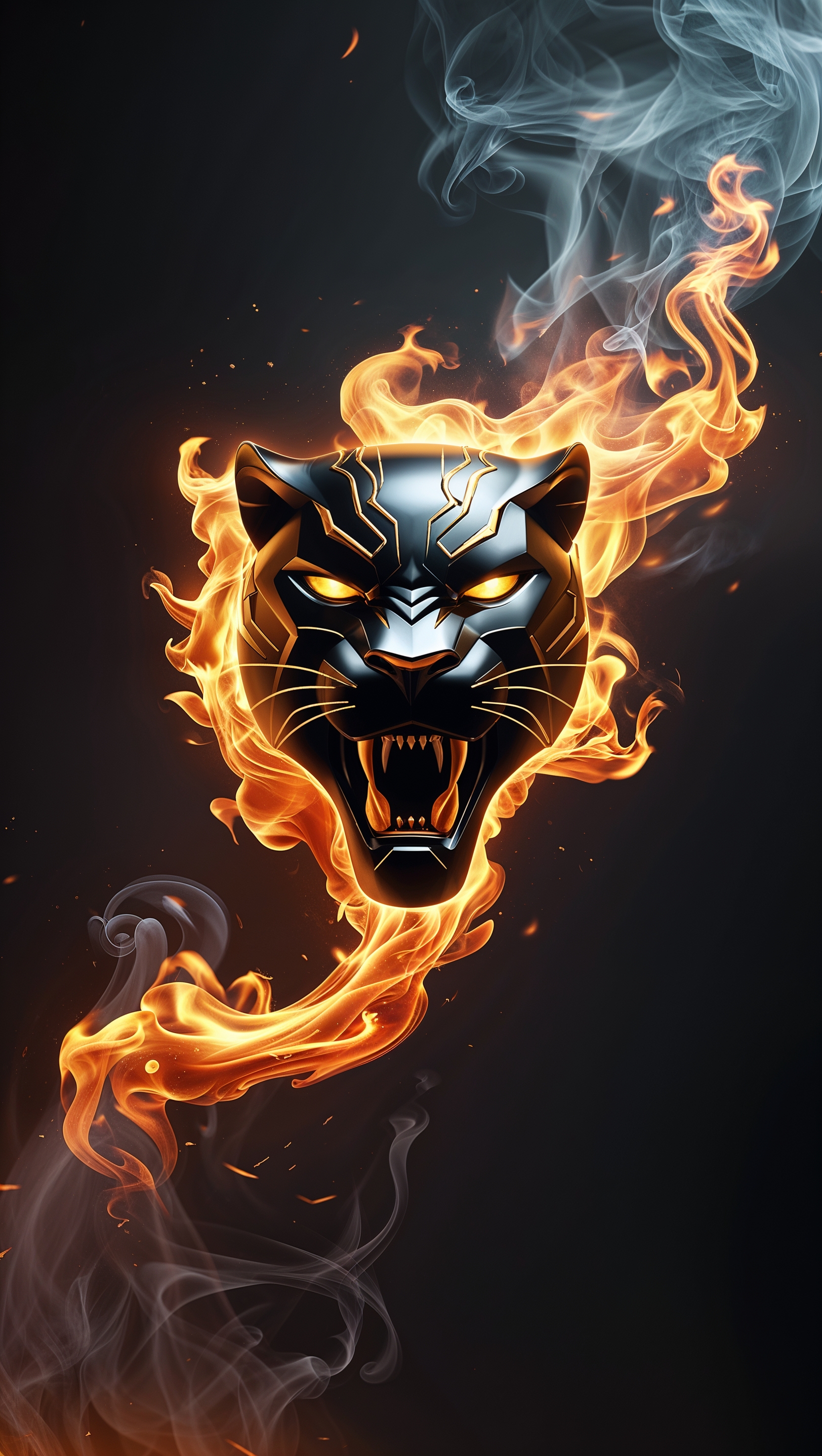 Black Panther logo made of fire and smoke, dark background, iPhone wallpaper
