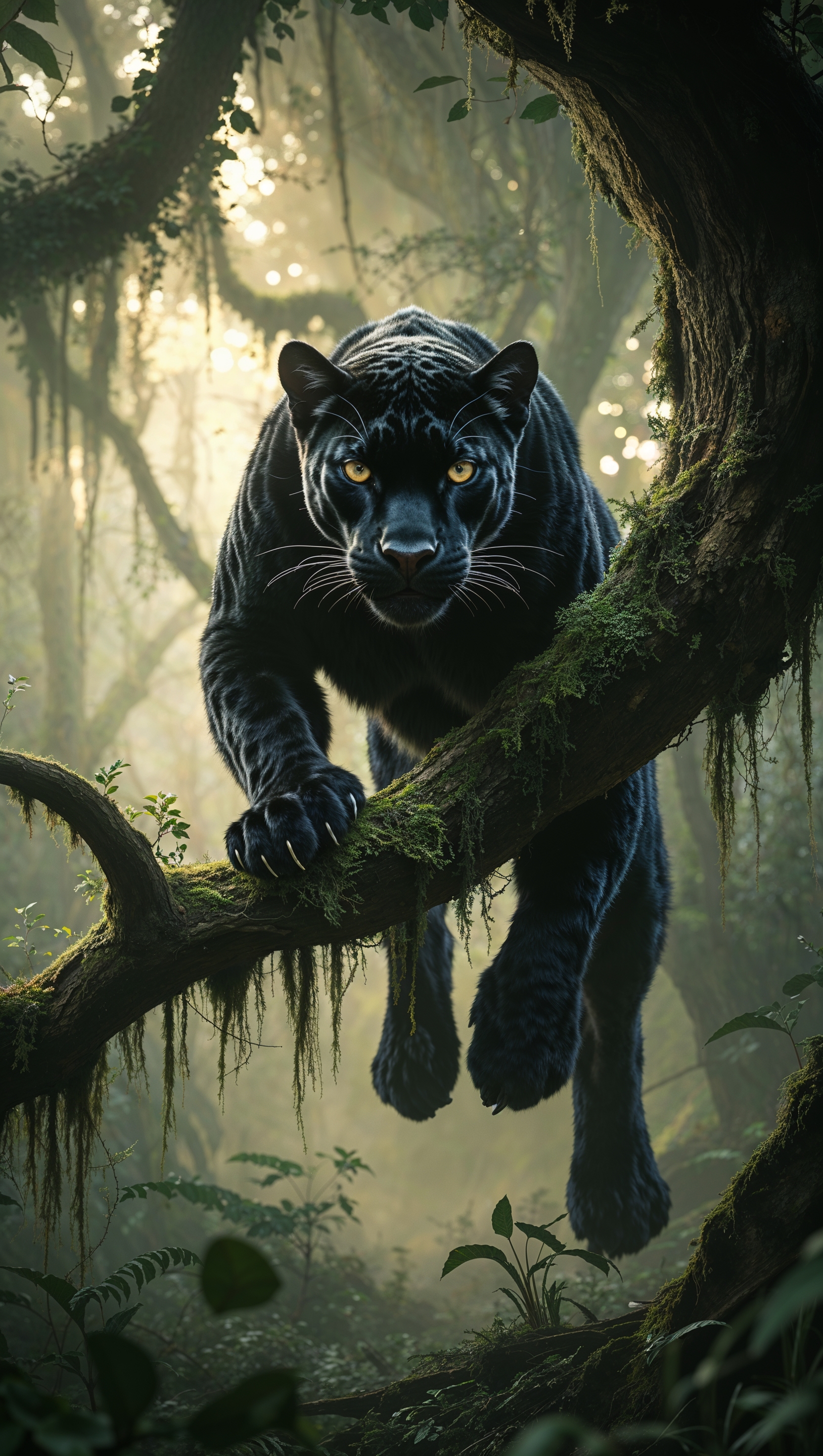 Realistic Black Panther crouching on a tree in the jungle, moody lighting, 4K wallpaper