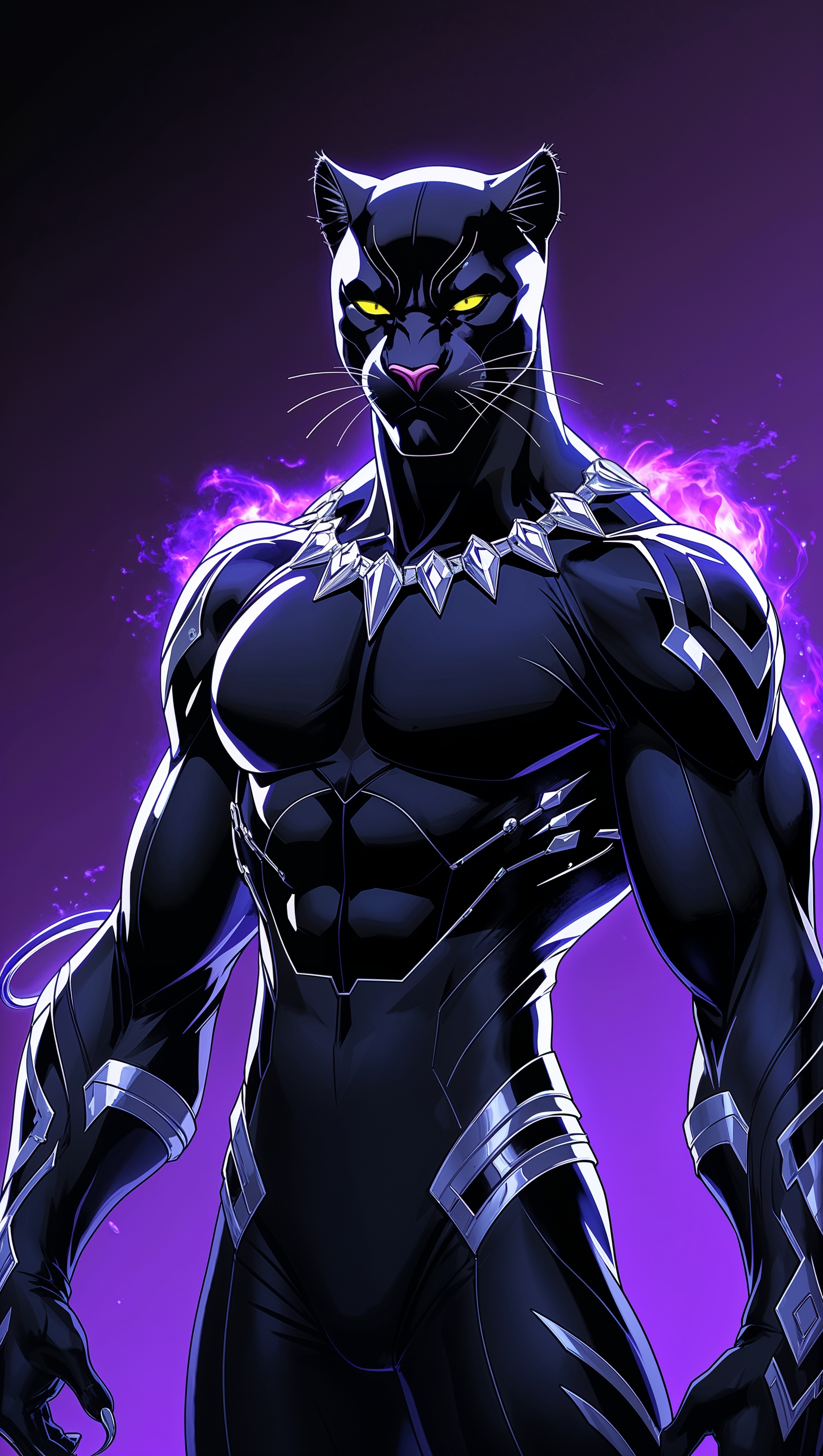 Anime-style Black Panther character, purple glow, wallpaper for iPhone