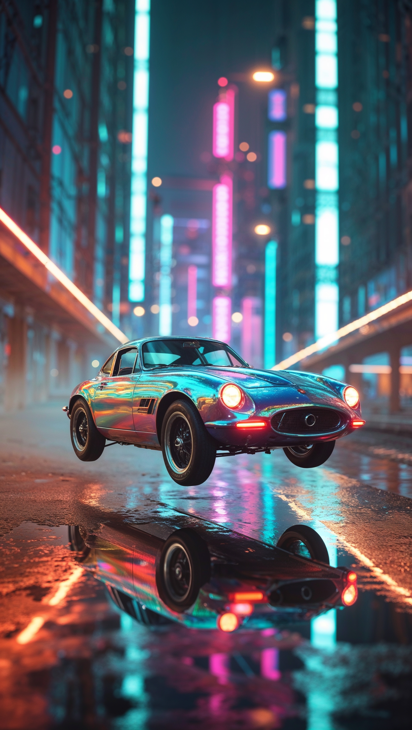 An artistic view of a Spinner car flying between neon-lit skyscrapers