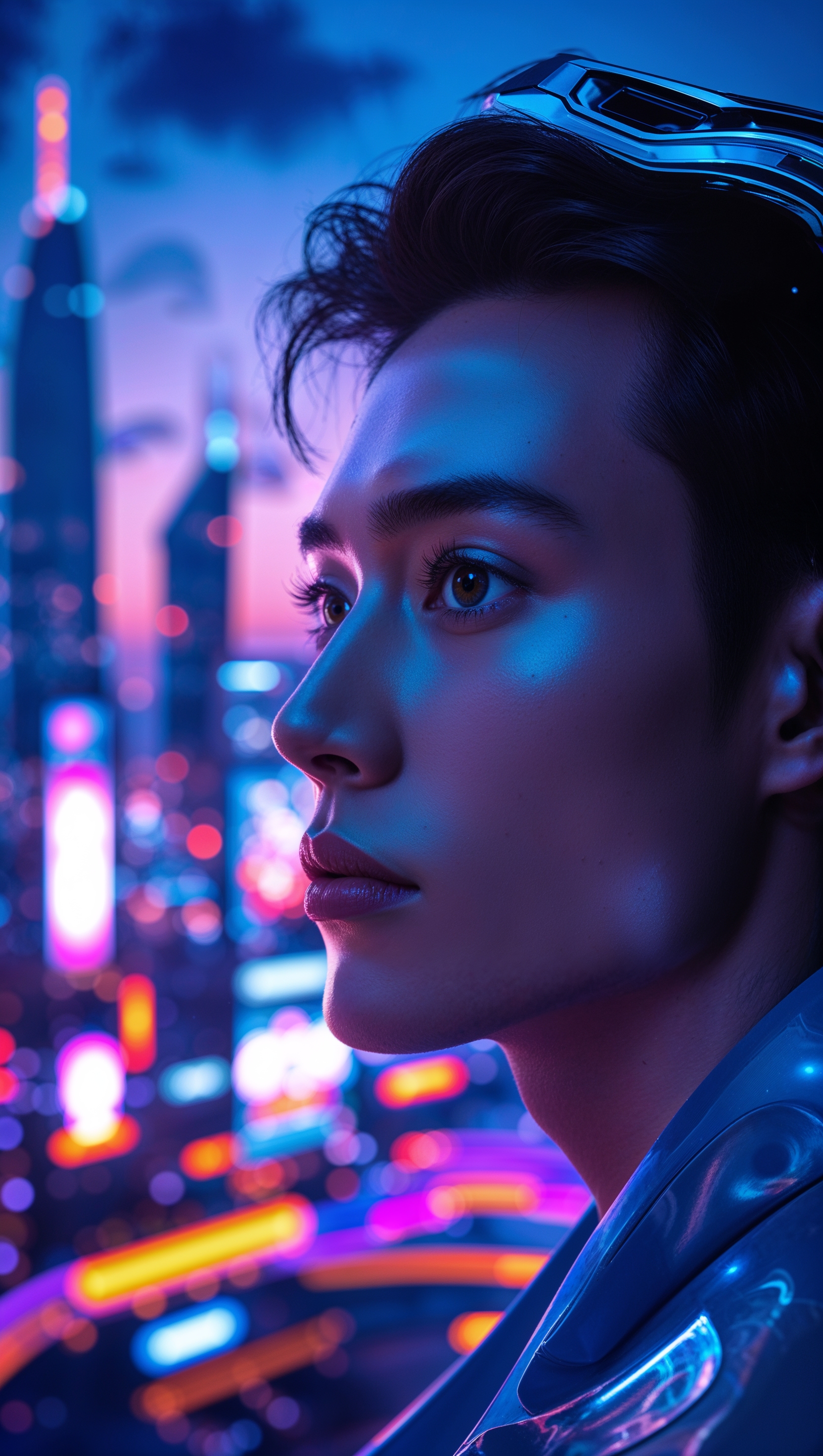 A cinematic image of K looking at the futuristic city skyline