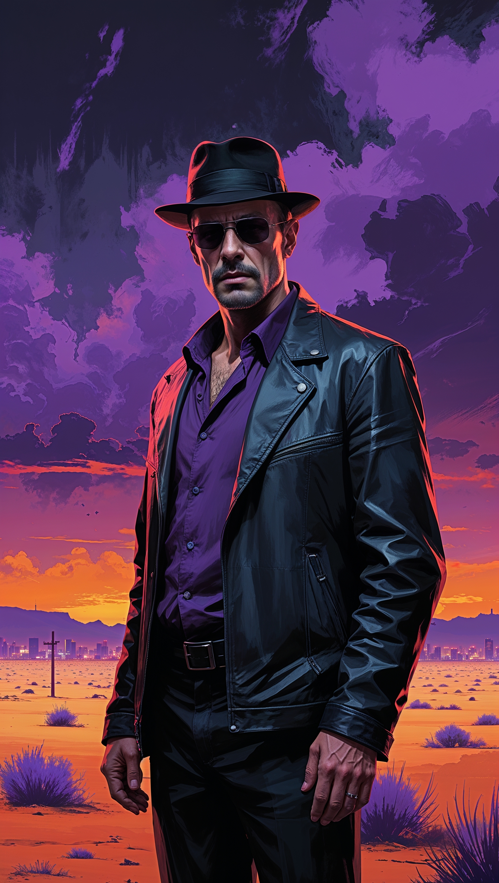 Create a digital painting wallpaper for iPhone featuring Walter White as Heisenberg