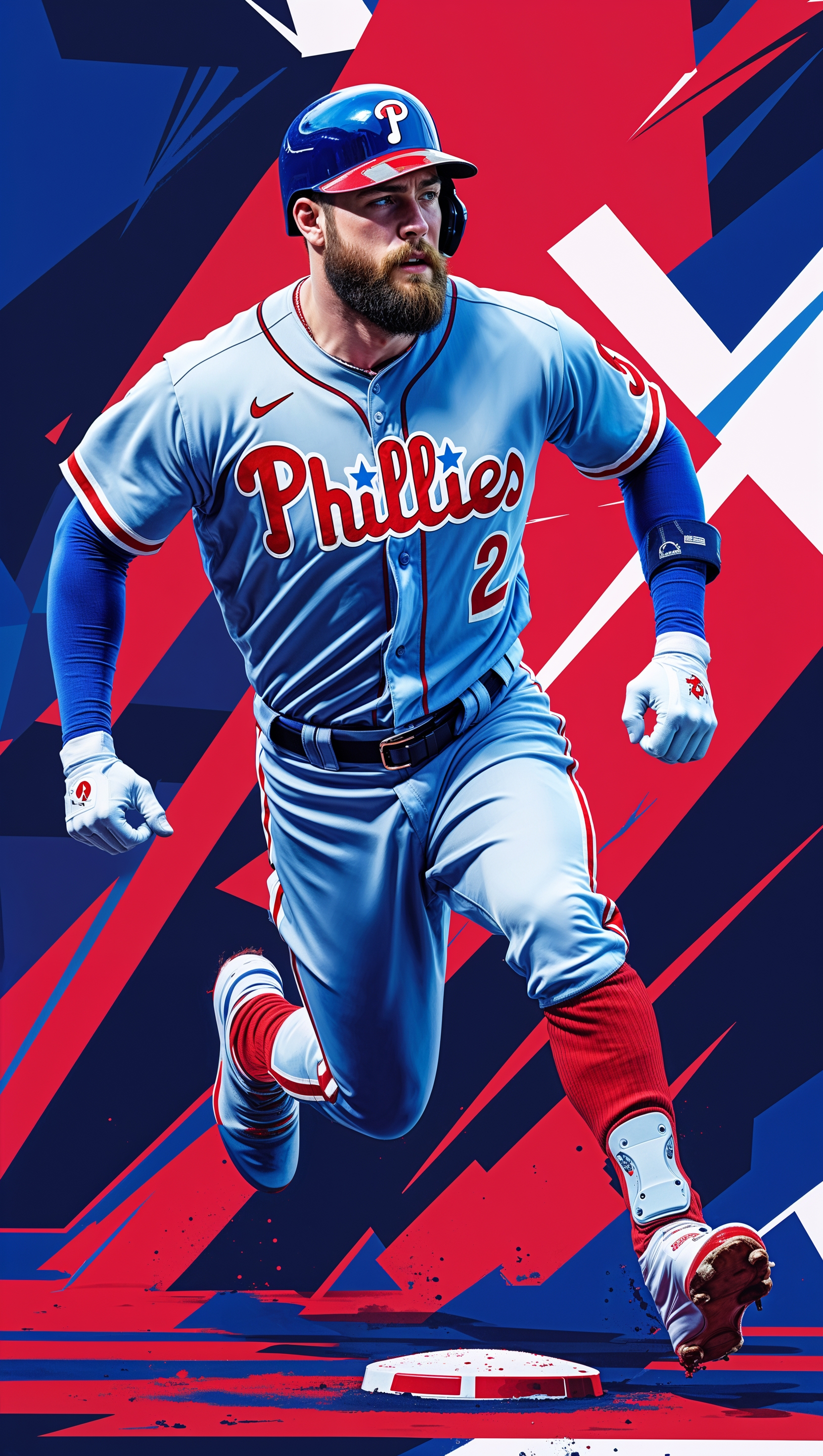 Bryce Harper running to second base with a graphic-style background