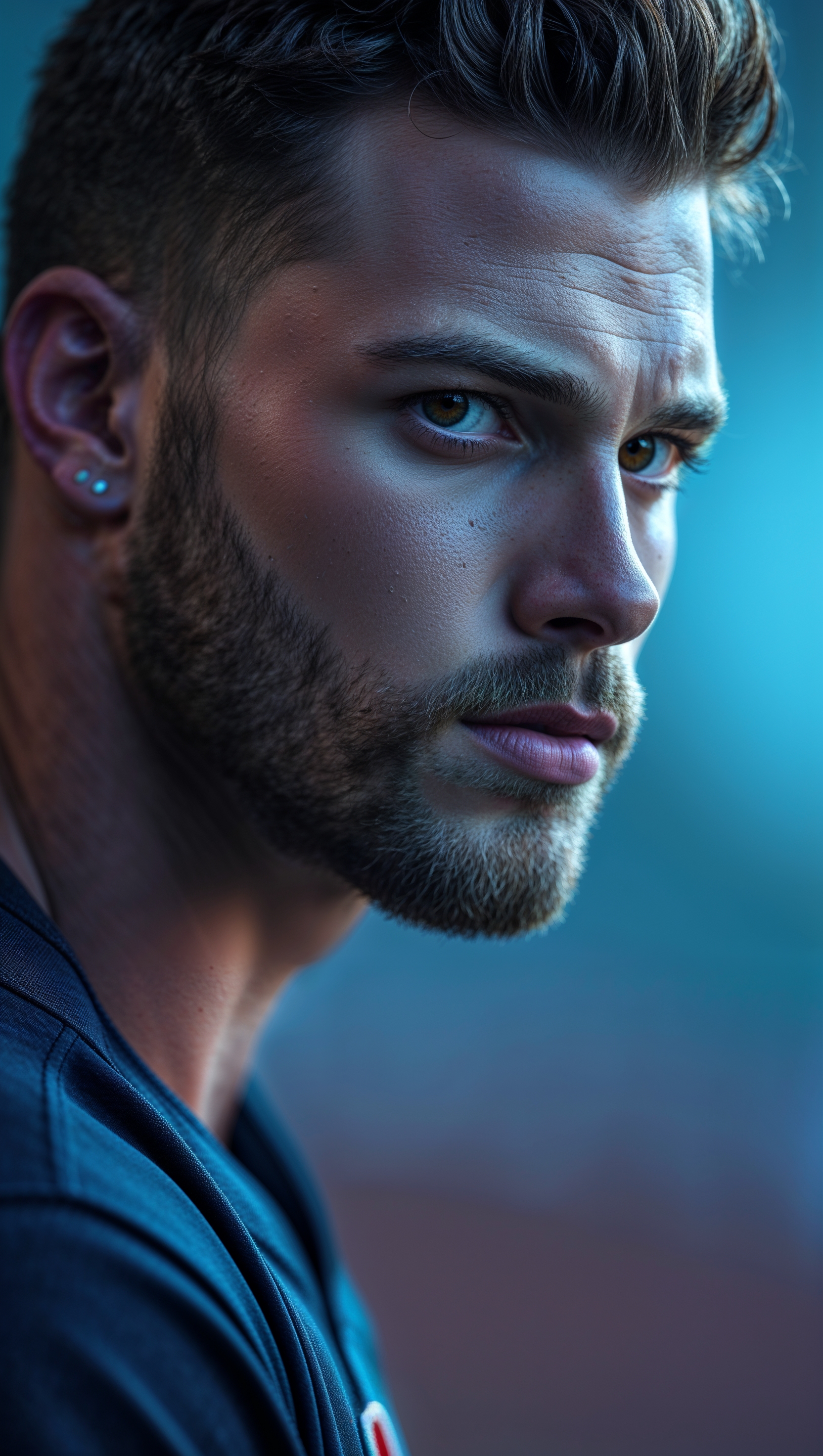 Close-up portrait of Bryce Harper with a blurred background and blue lighting