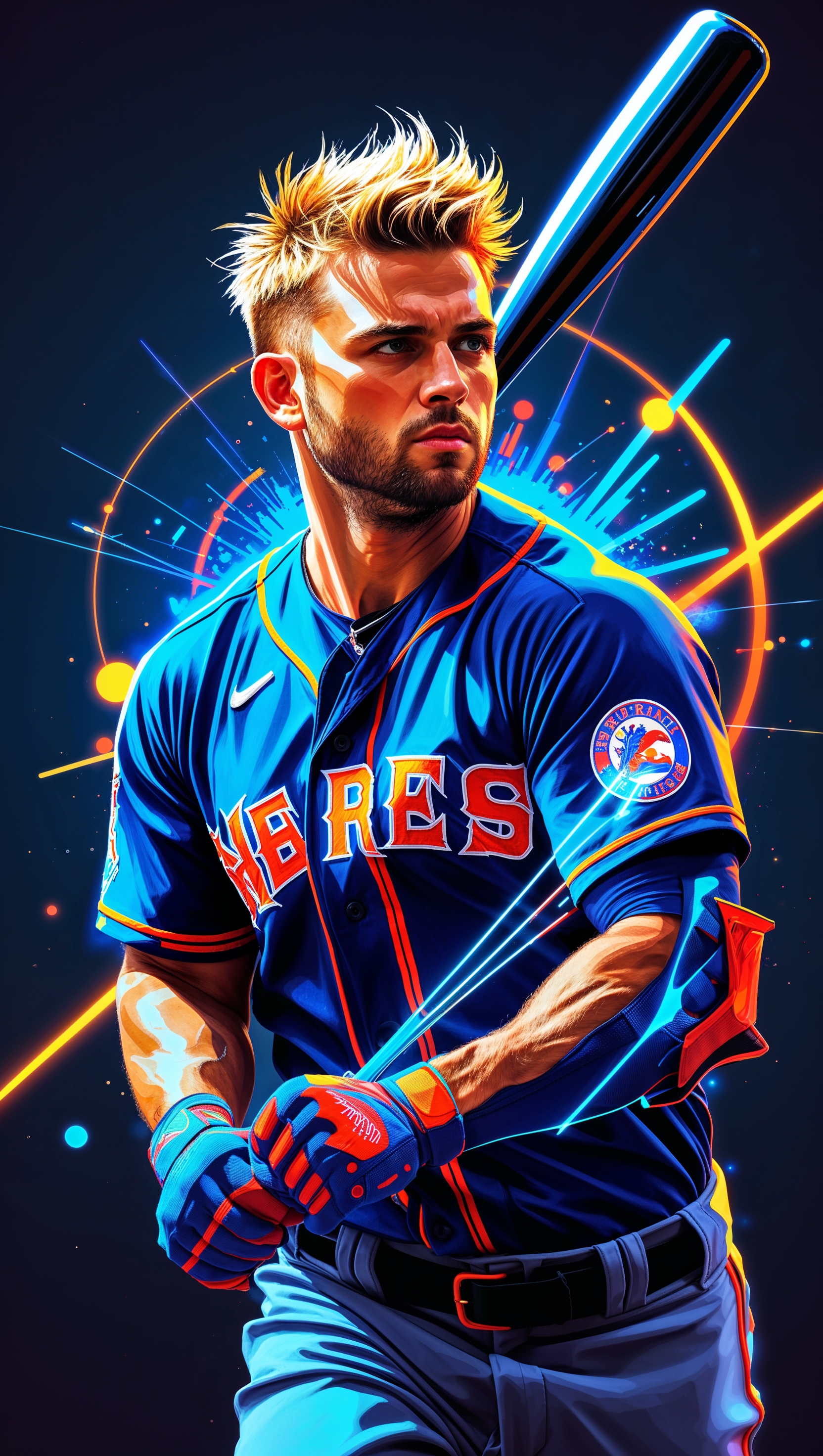 Digital art of Bryce Harper with neon light effects