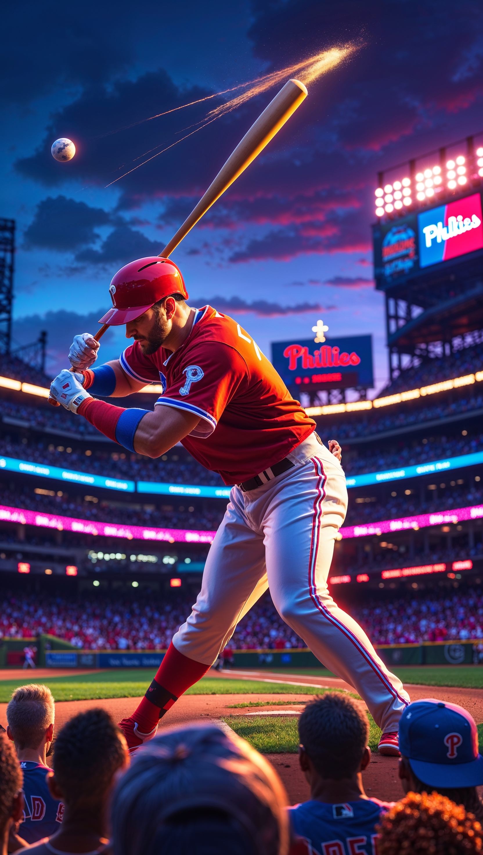 Bryce Harper hitting a baseball in a cinematic-lit stadium
