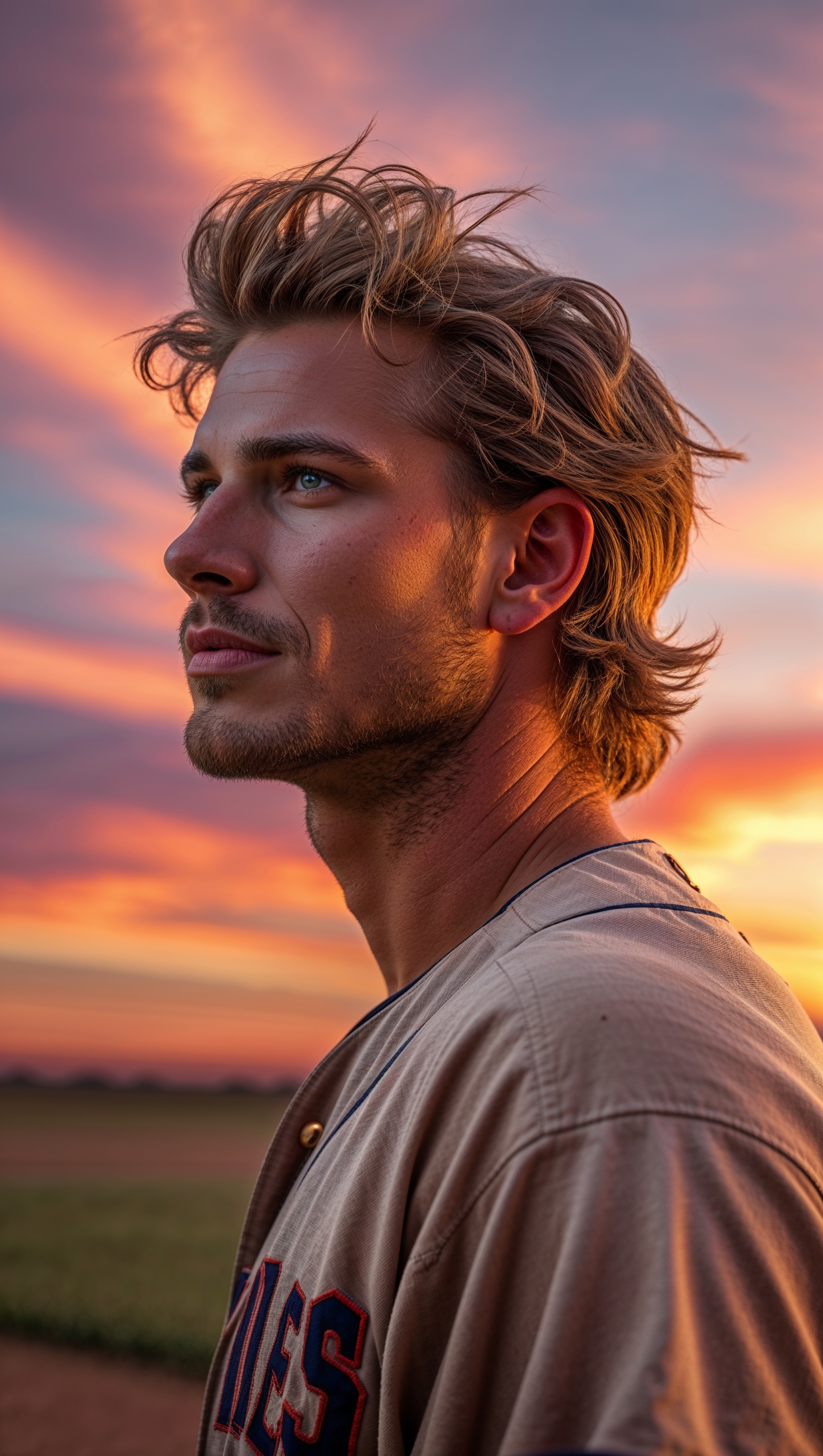 Bryce Harper looking into the distance with a sunset background