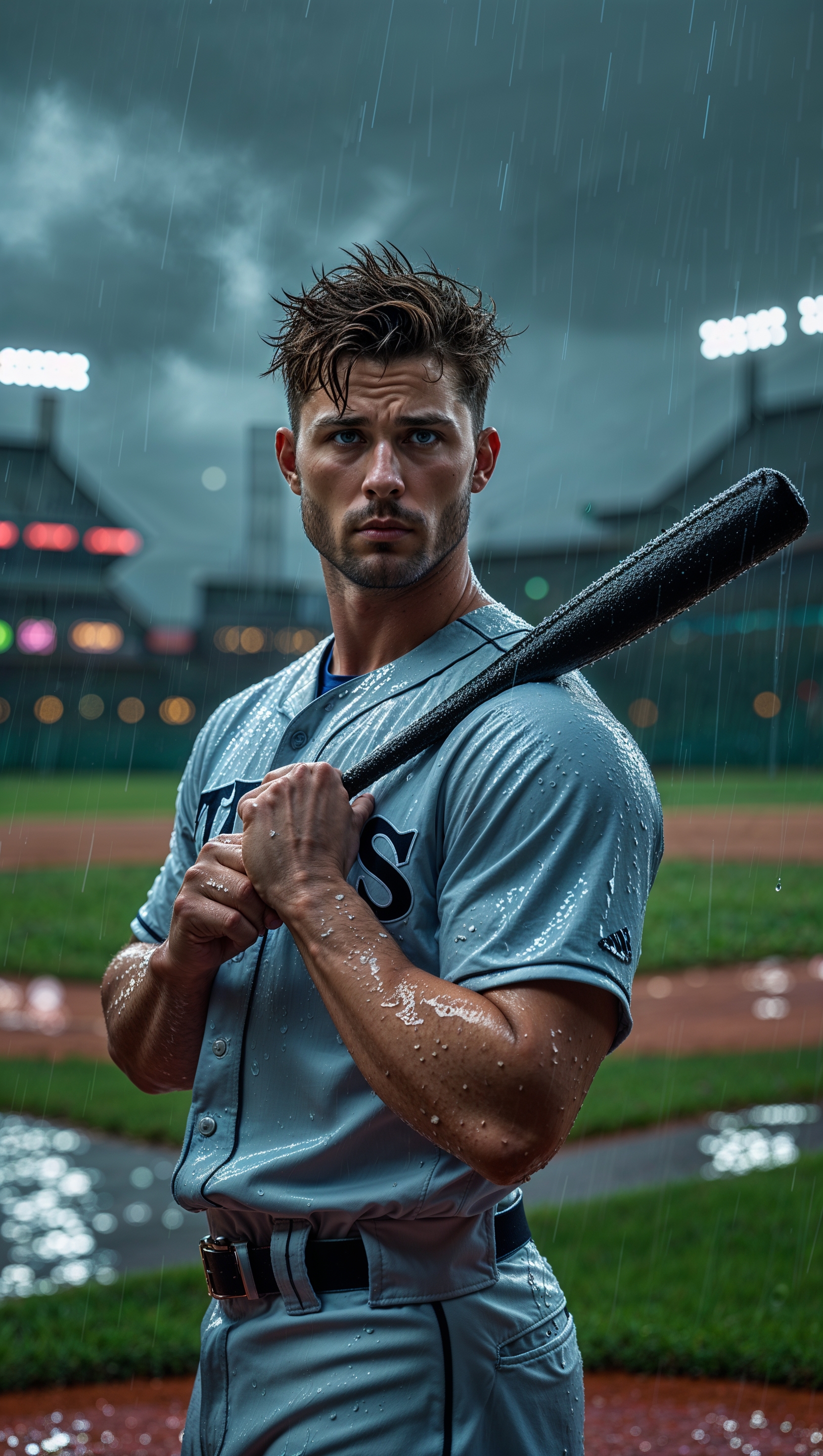 Bryce Harper in a baseball field under the rain