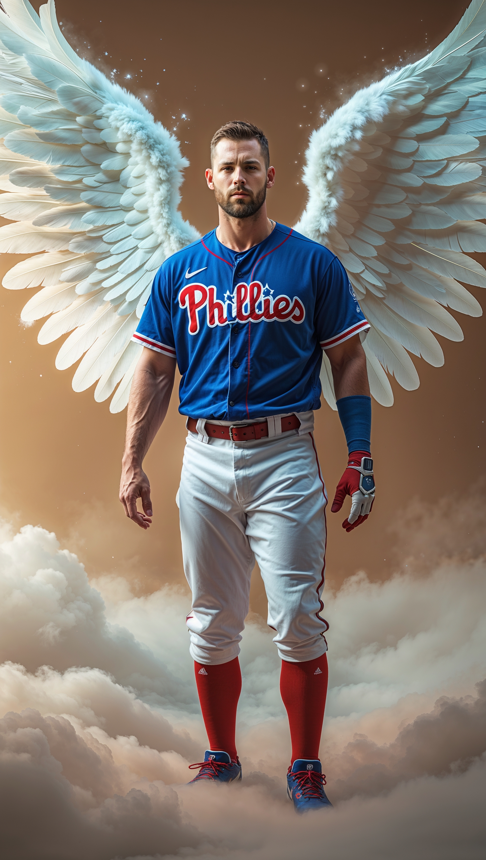 Bryce Harper with angel wings in a fantasy setting