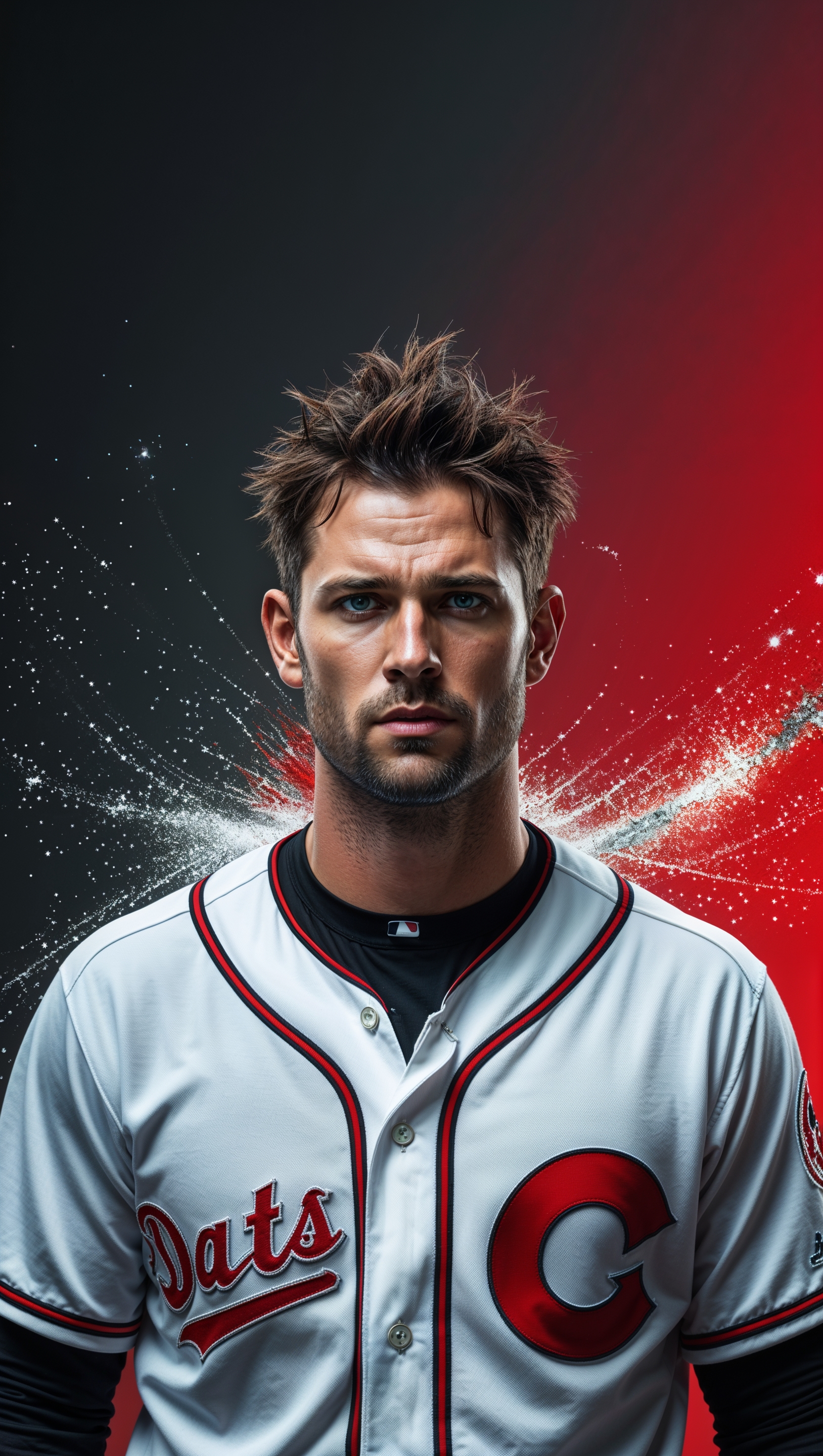 Bryce Harper with a red and black background and particle effects