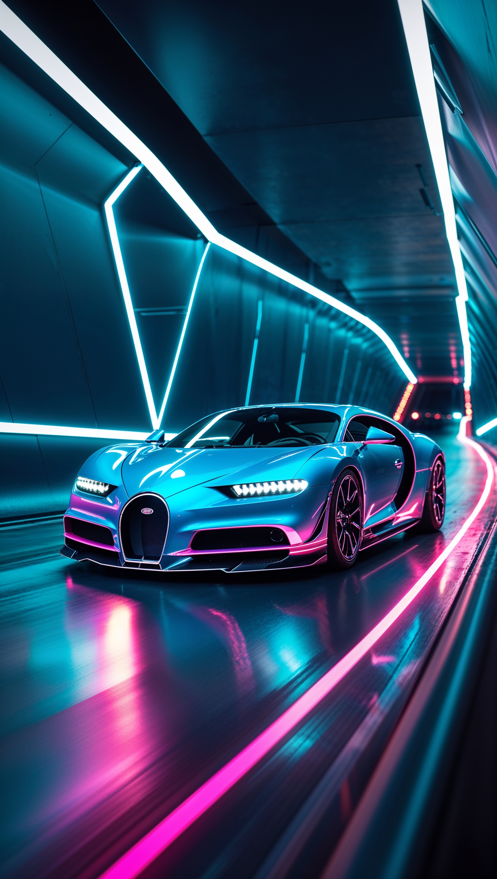 Bugatti driving through a neon tunnel, glowing effects, high speed feeling, iPhone wallpaper
