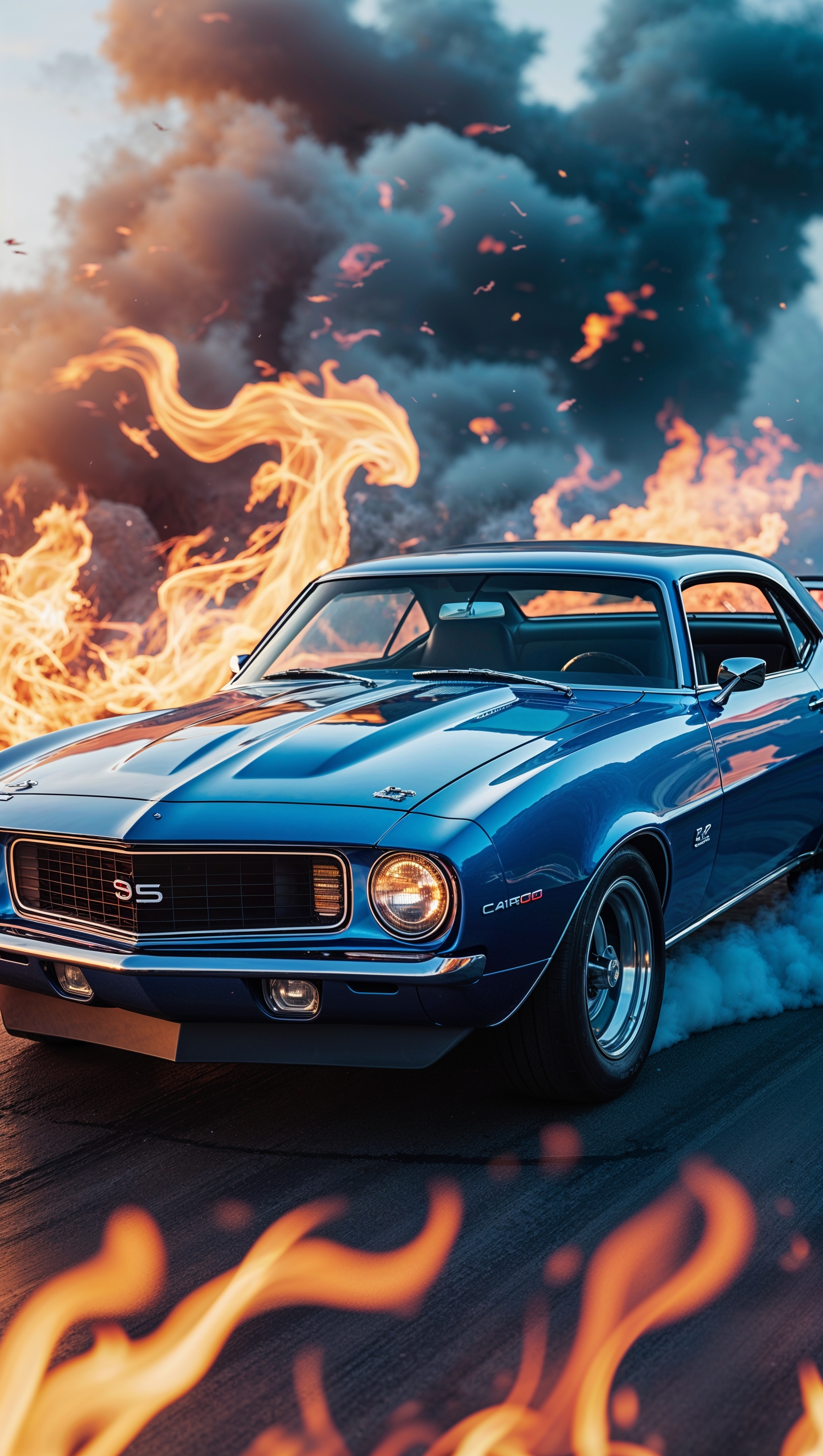 Blue Camaro with flame effects in the background