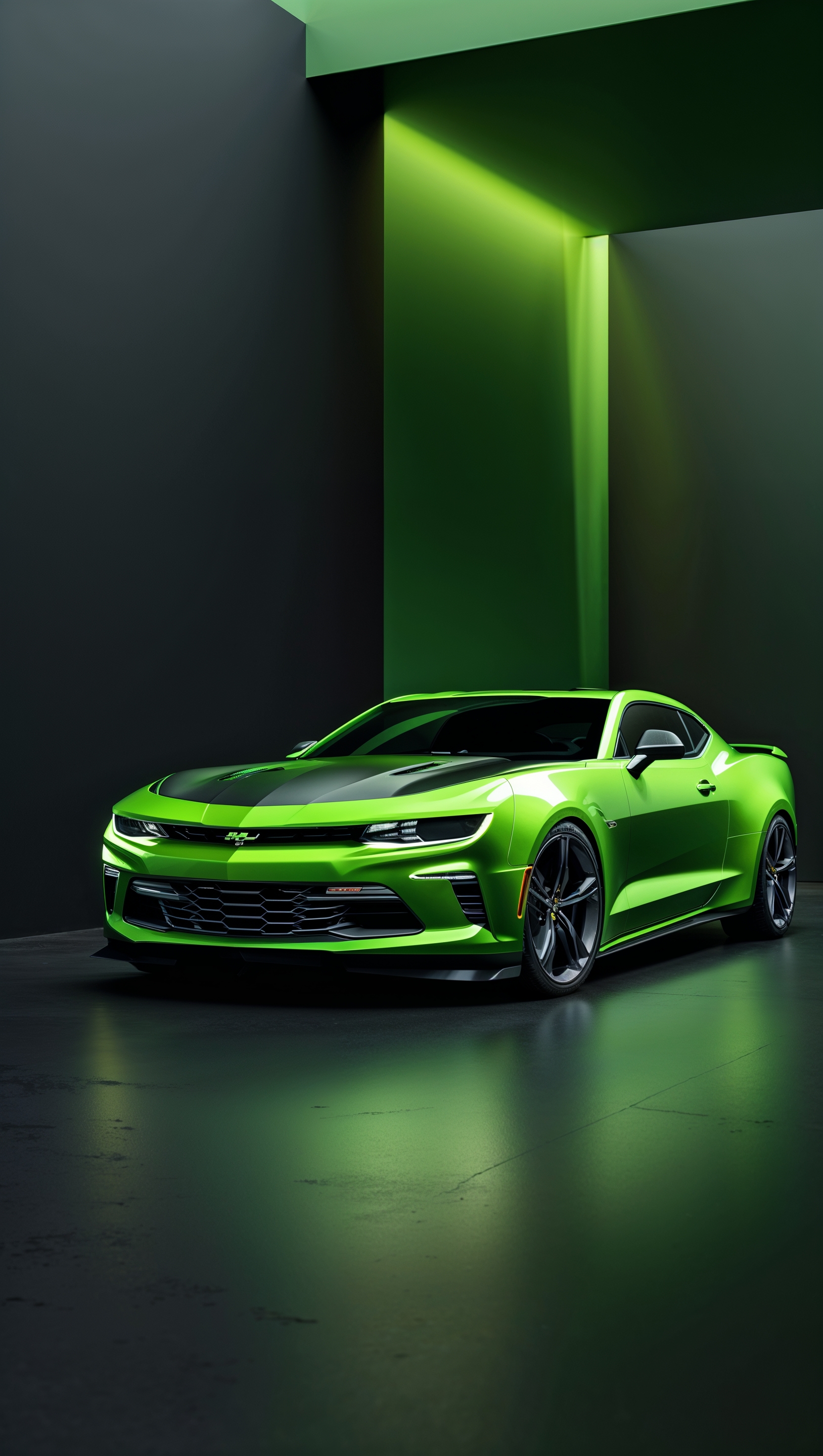 Camaro in a unique green color with matte black background