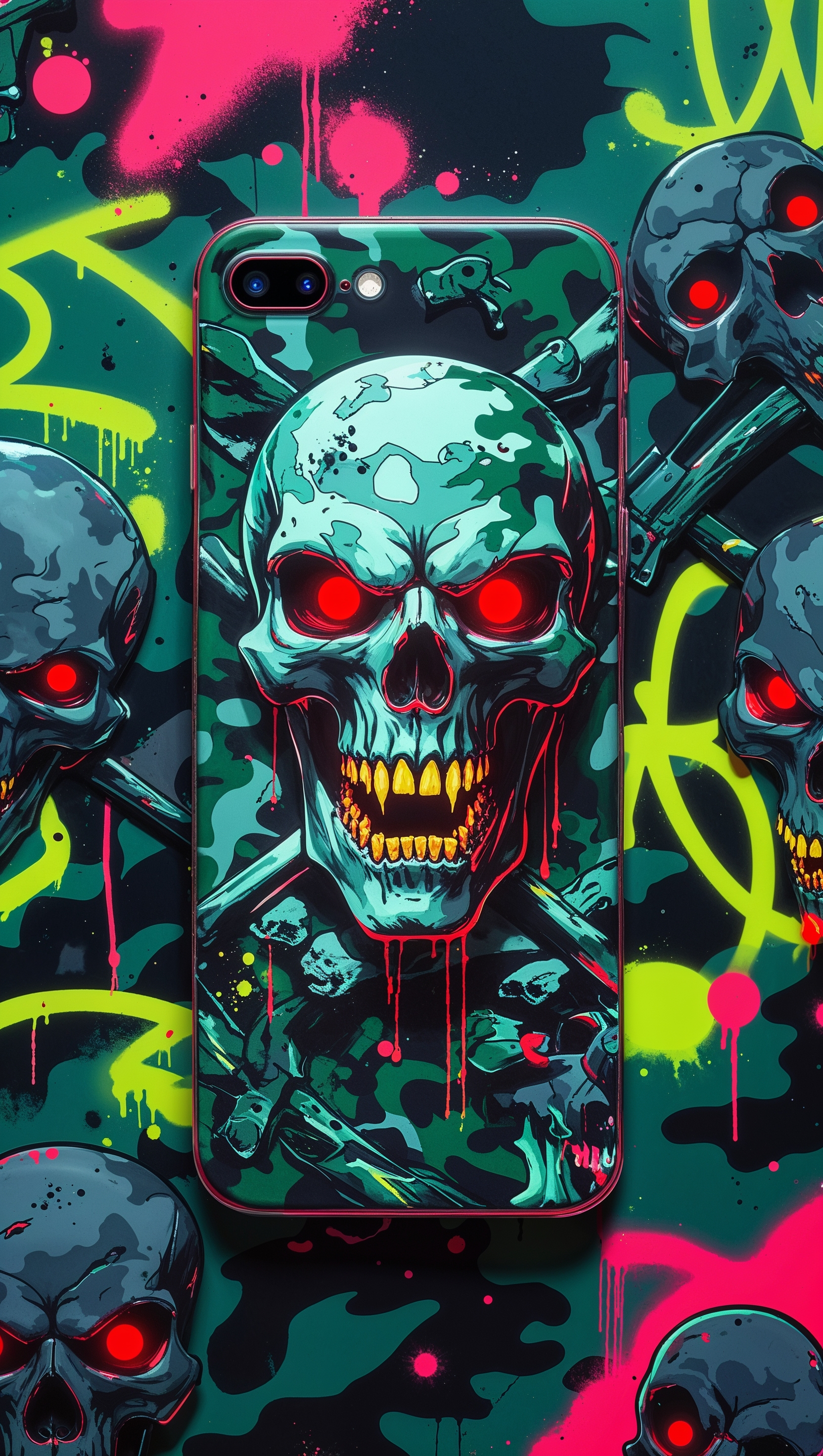 Graffiti-style camo with skull details, rebellious iPhone theme