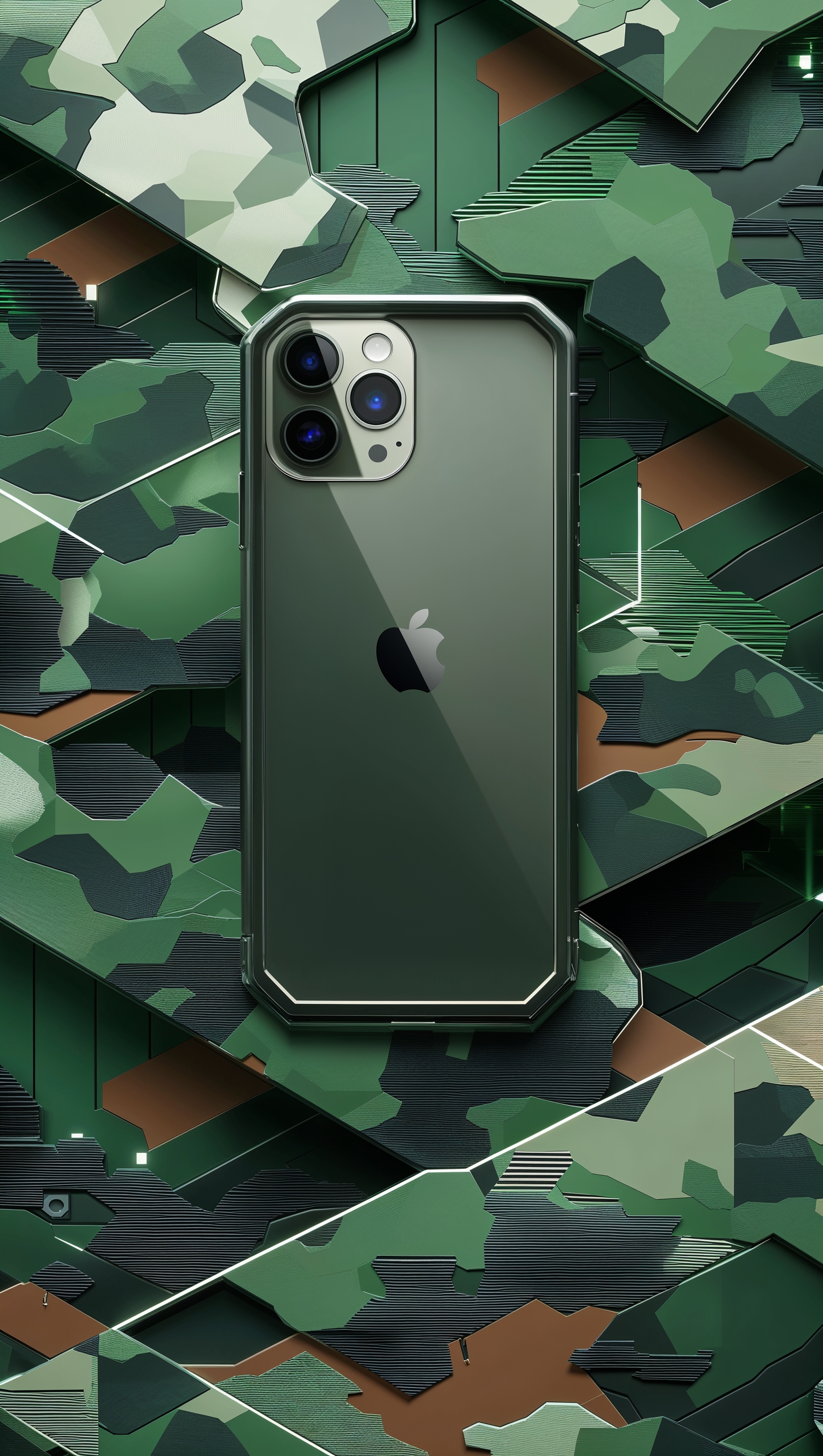 Digital forest camo with sharp edges, clean iPhone design