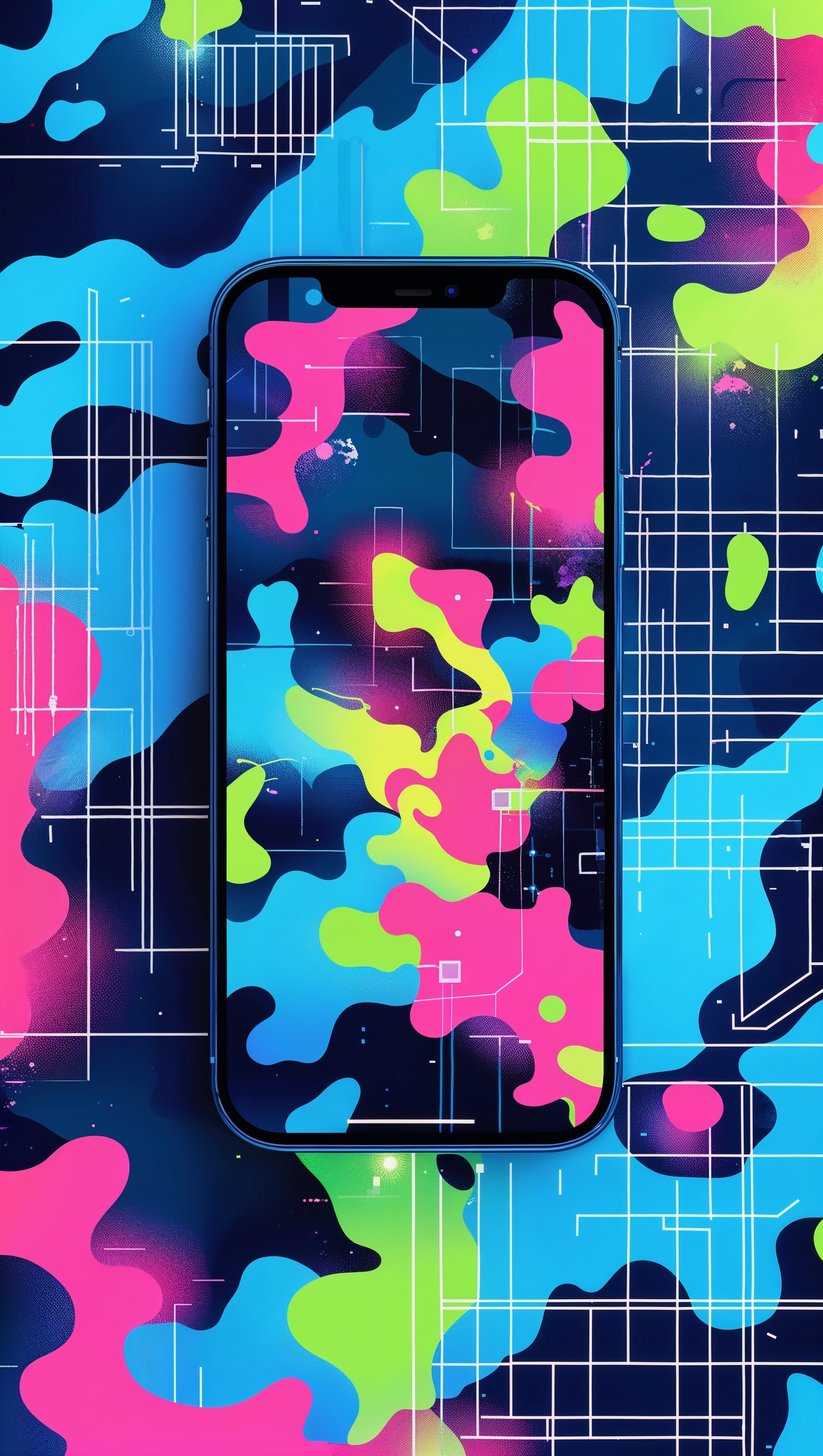 Digital camo in neon colors, futuristic iPhone background