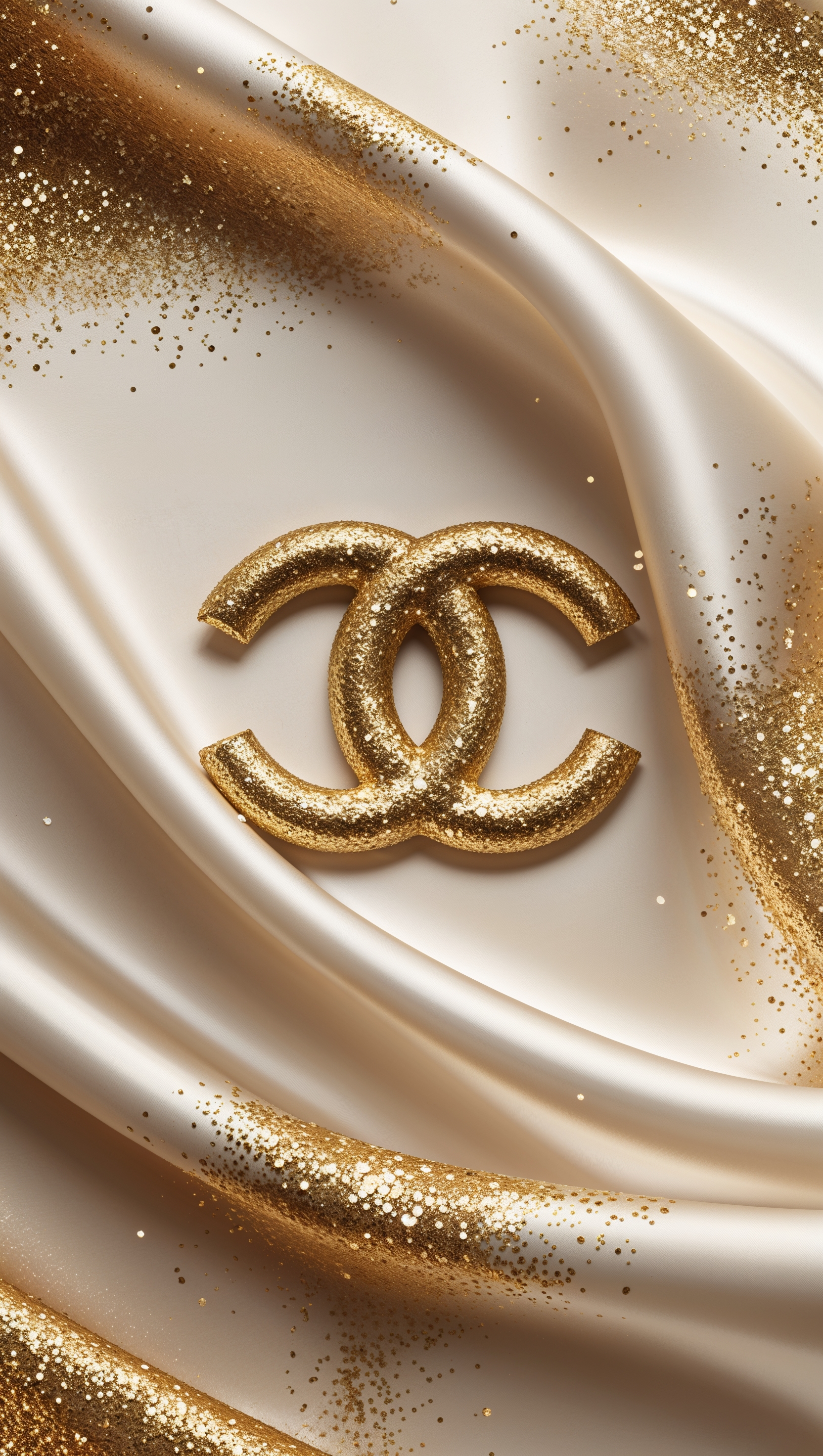 Elegant Chanel wallpaper for iPhone, featuring gold glitter and silk texture