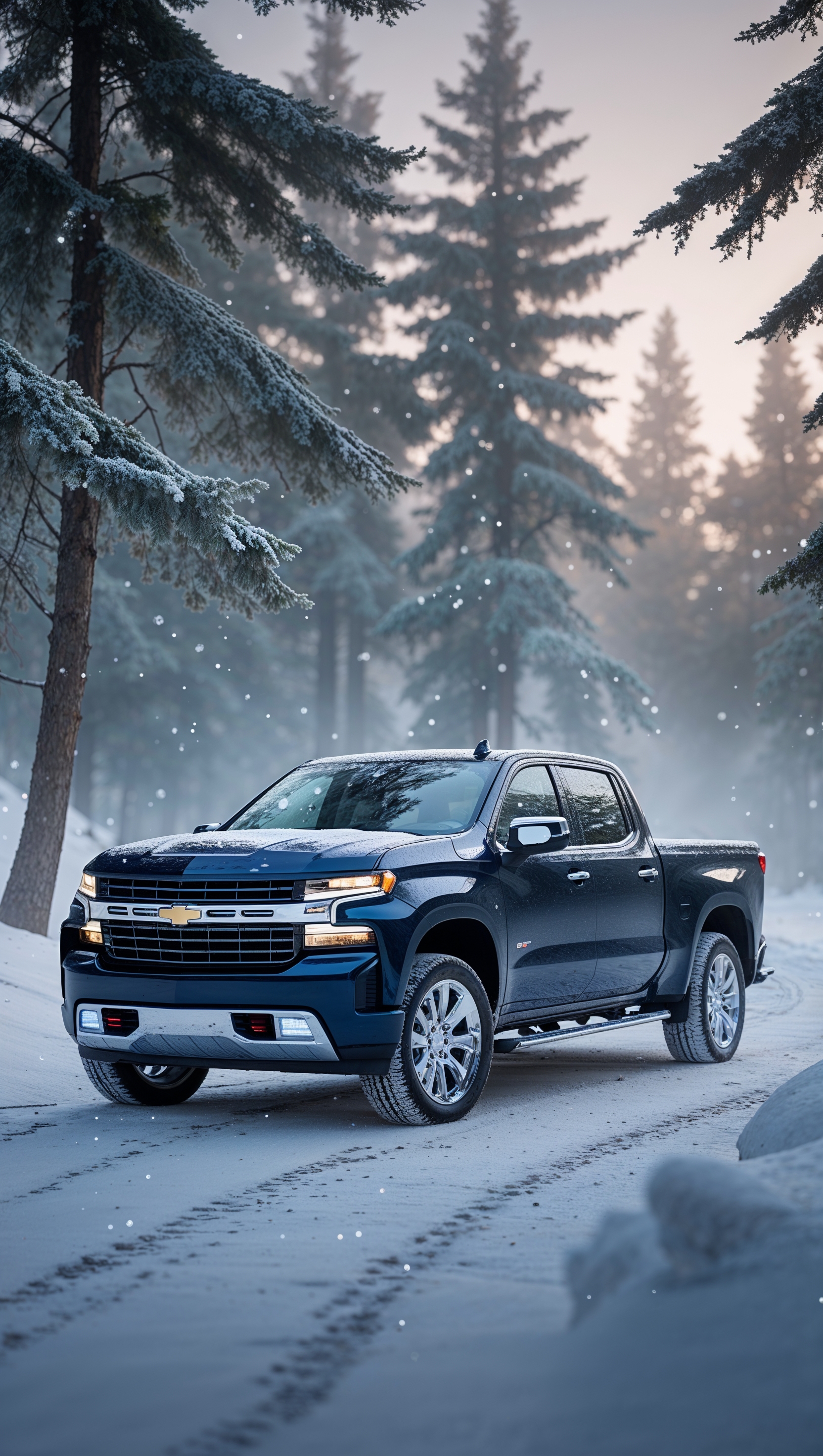 Chevy Silverado in a snowy forest, peaceful winter landscape, iPhone wallpaper