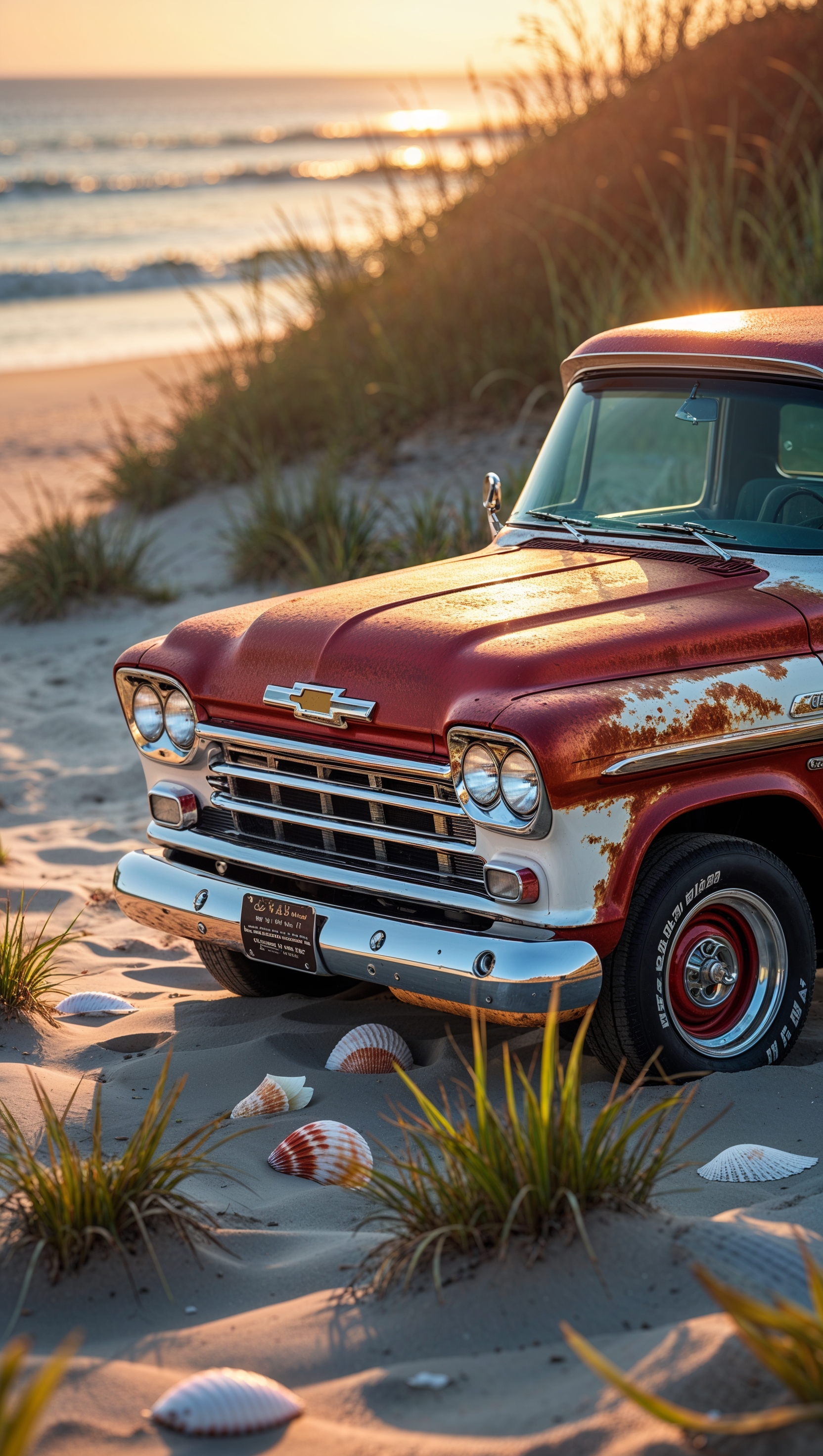 Chevy truck parked on a beach during golden hour, relaxed vibe, iPhone wallpaper