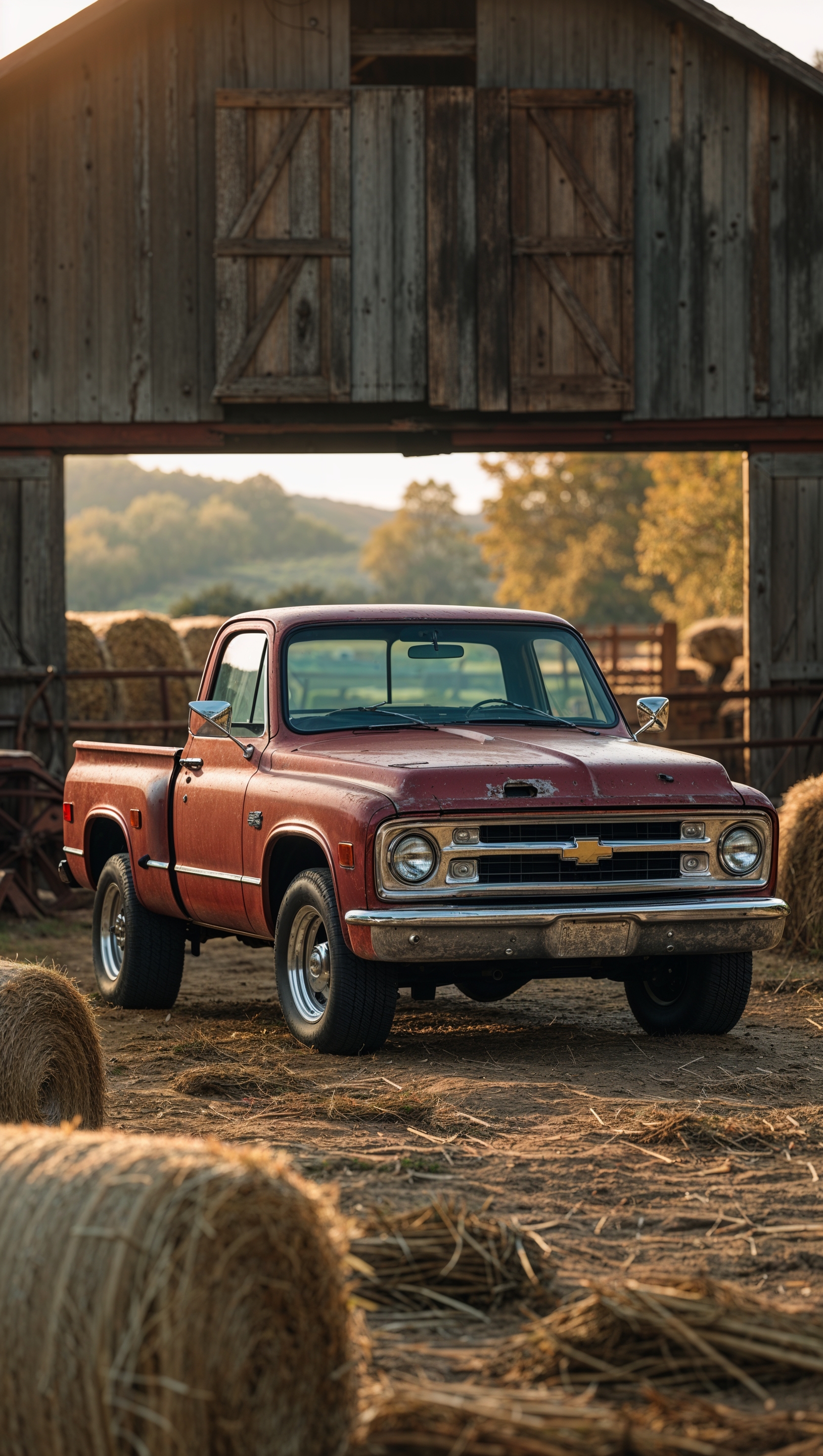 Old Chevy pickup in a rustic barnyard setting, warm colors, iPhone wallpaper