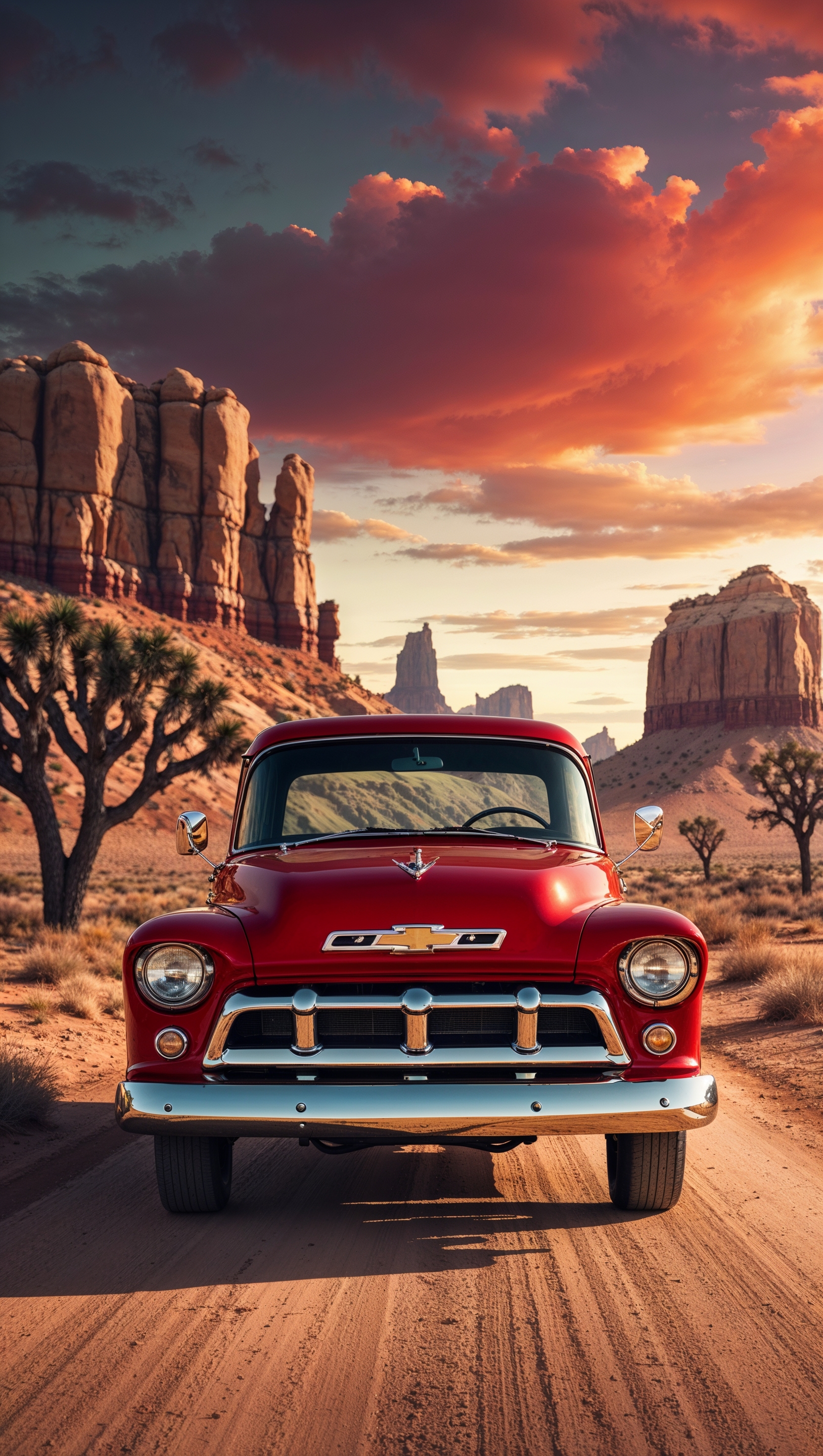 A red Chevy truck driving through the desert, cinematic lighting, iPhone wallpaper