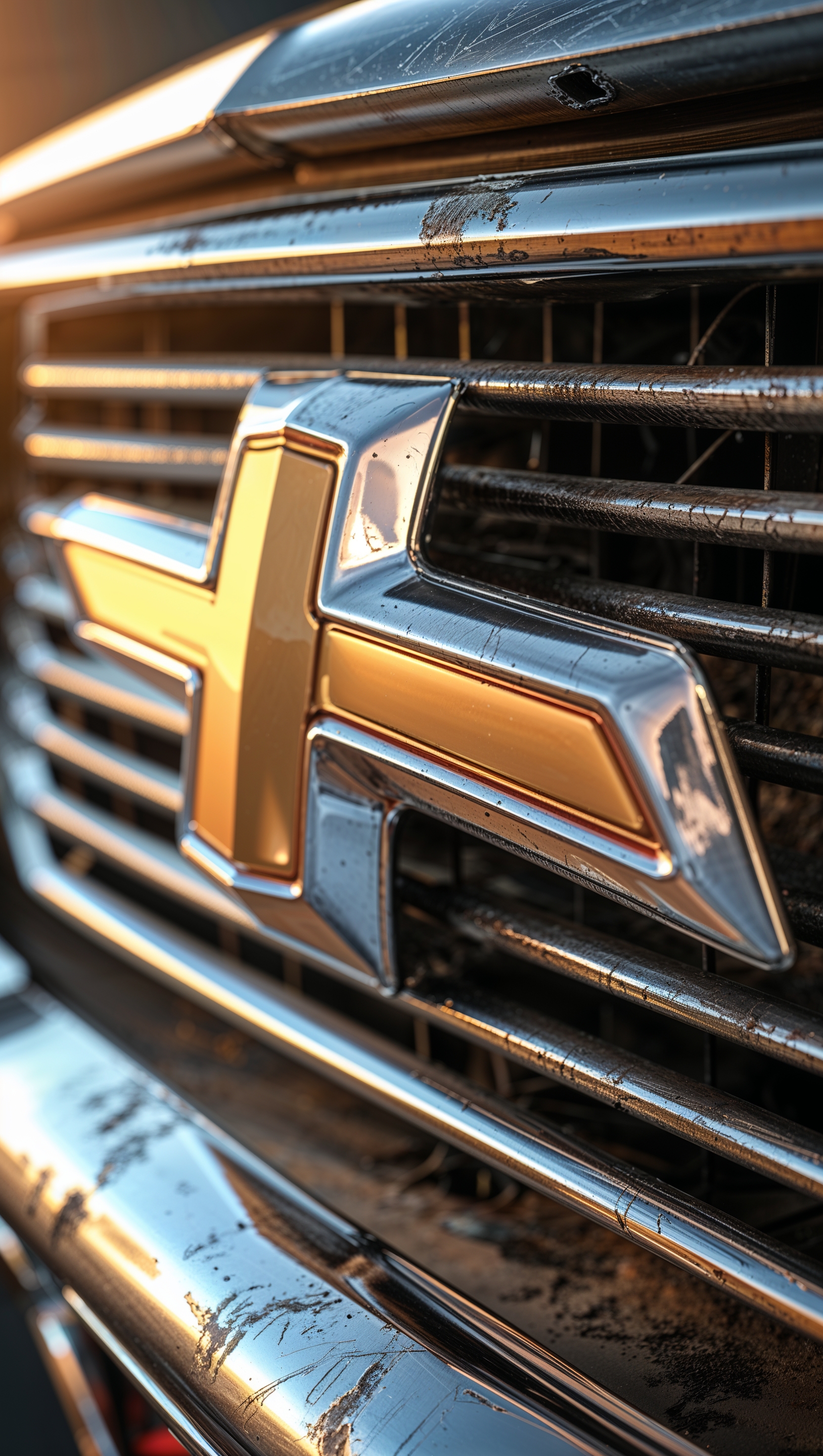 Close-up shot of a classic Chevy logo on a chrome grill, vintage detail, iPhone wallpaper