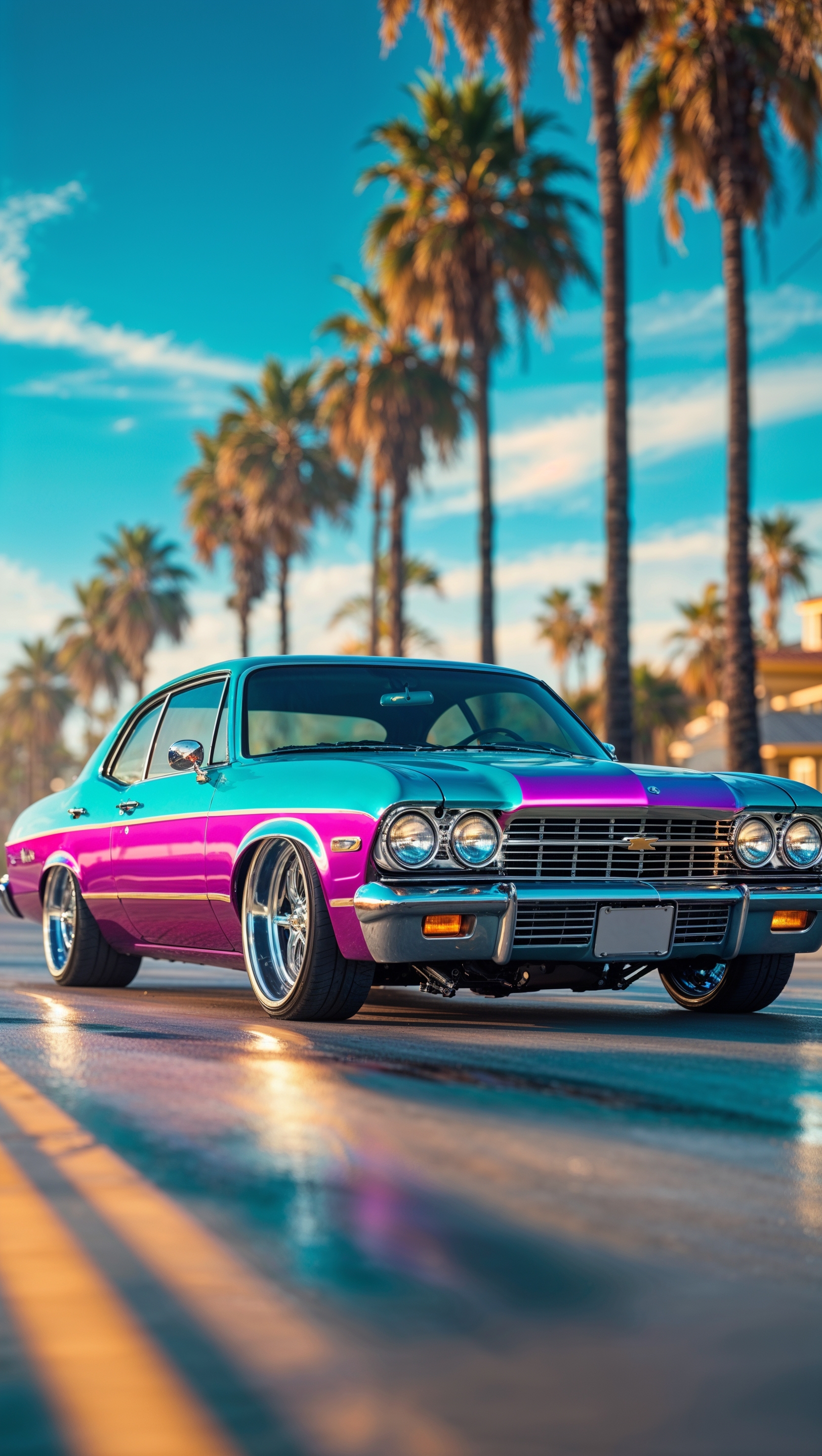 A lowrider Chevy bouncing in a sunny California street, colorful and vibrant, iPhone wallpaper