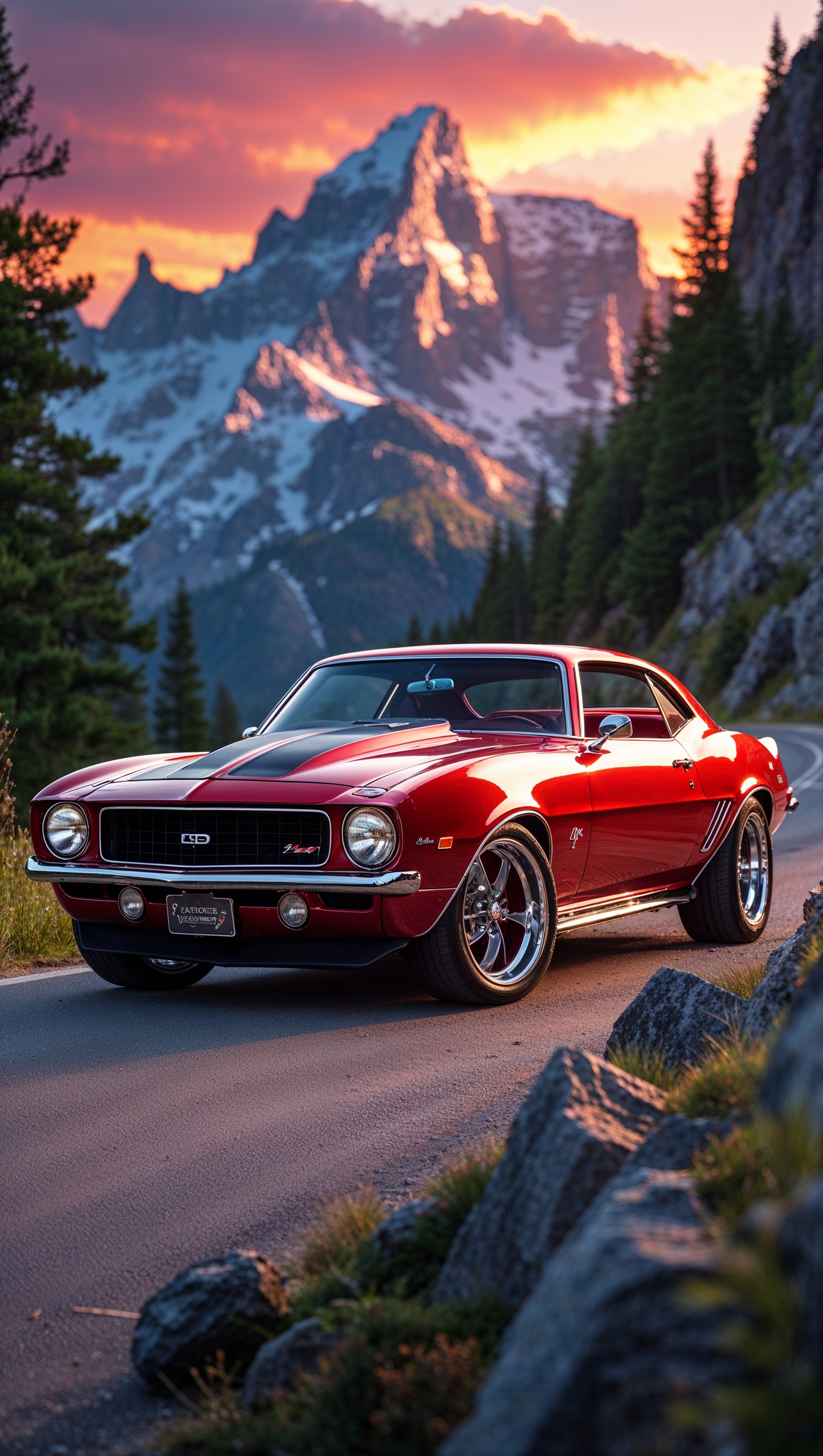 A classic Chevy Camaro on a mountain road during sunset, ultra HD, iPhone wallpaper