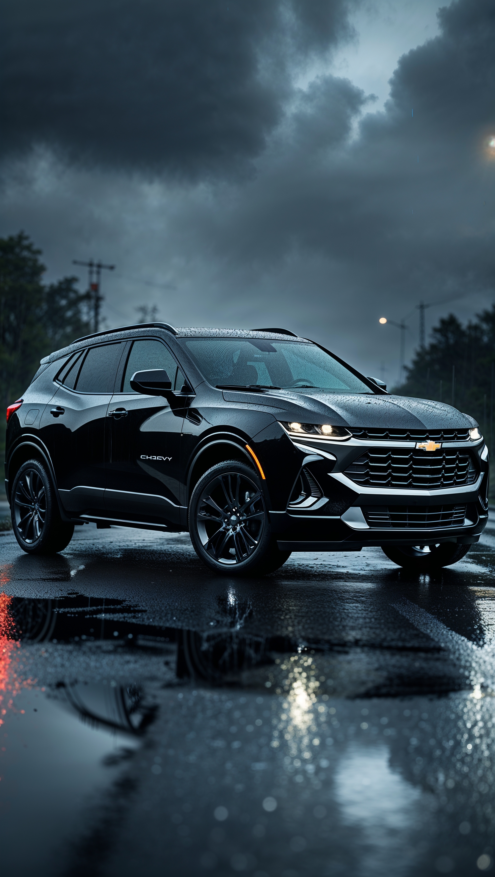 A sleek black Chevy SUV on a rainy road, dramatic lighting, iPhone wallpaper