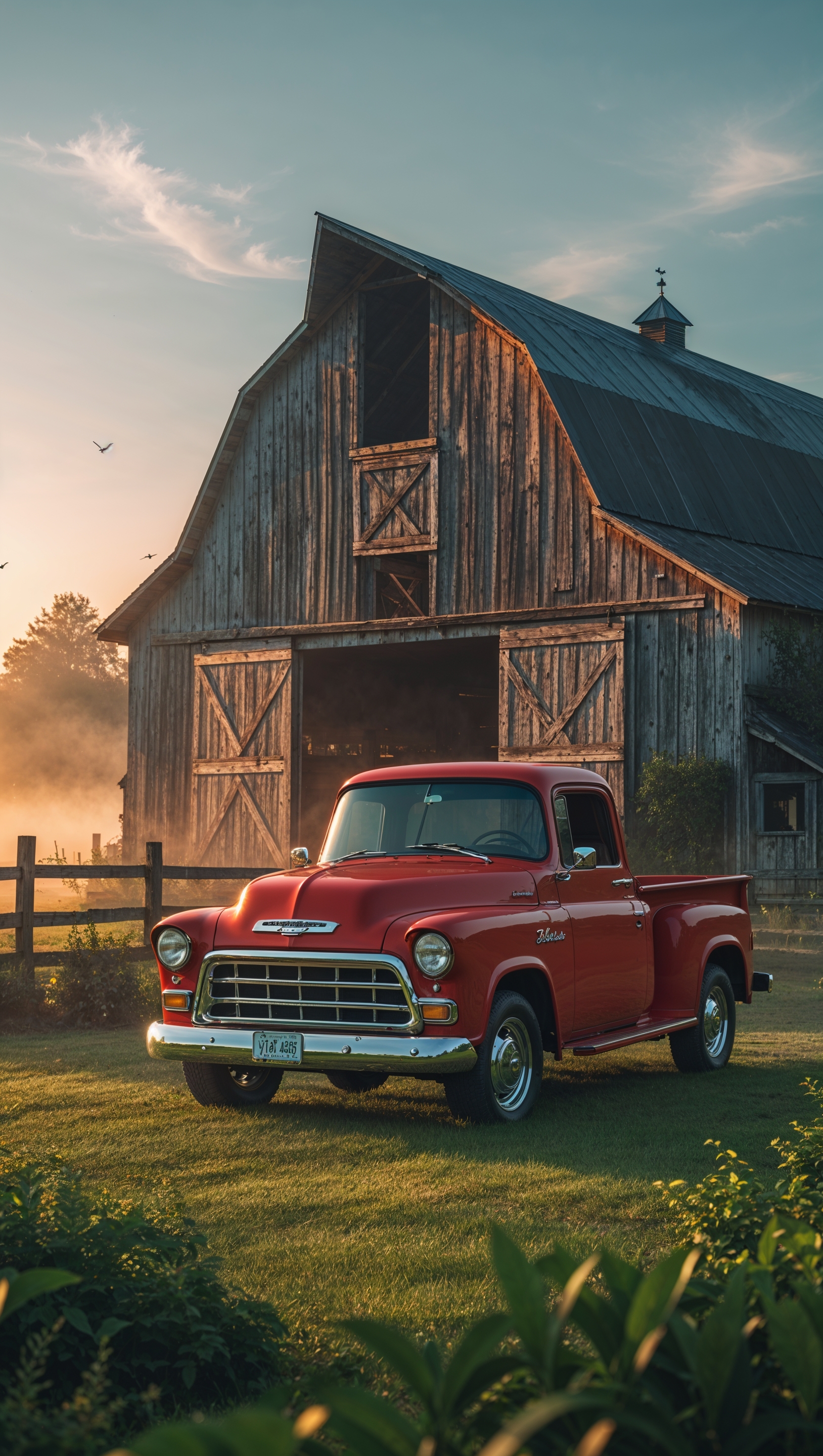 Chevy truck in front of a barn during sunrise, peaceful country scene, iPhone wallpaper