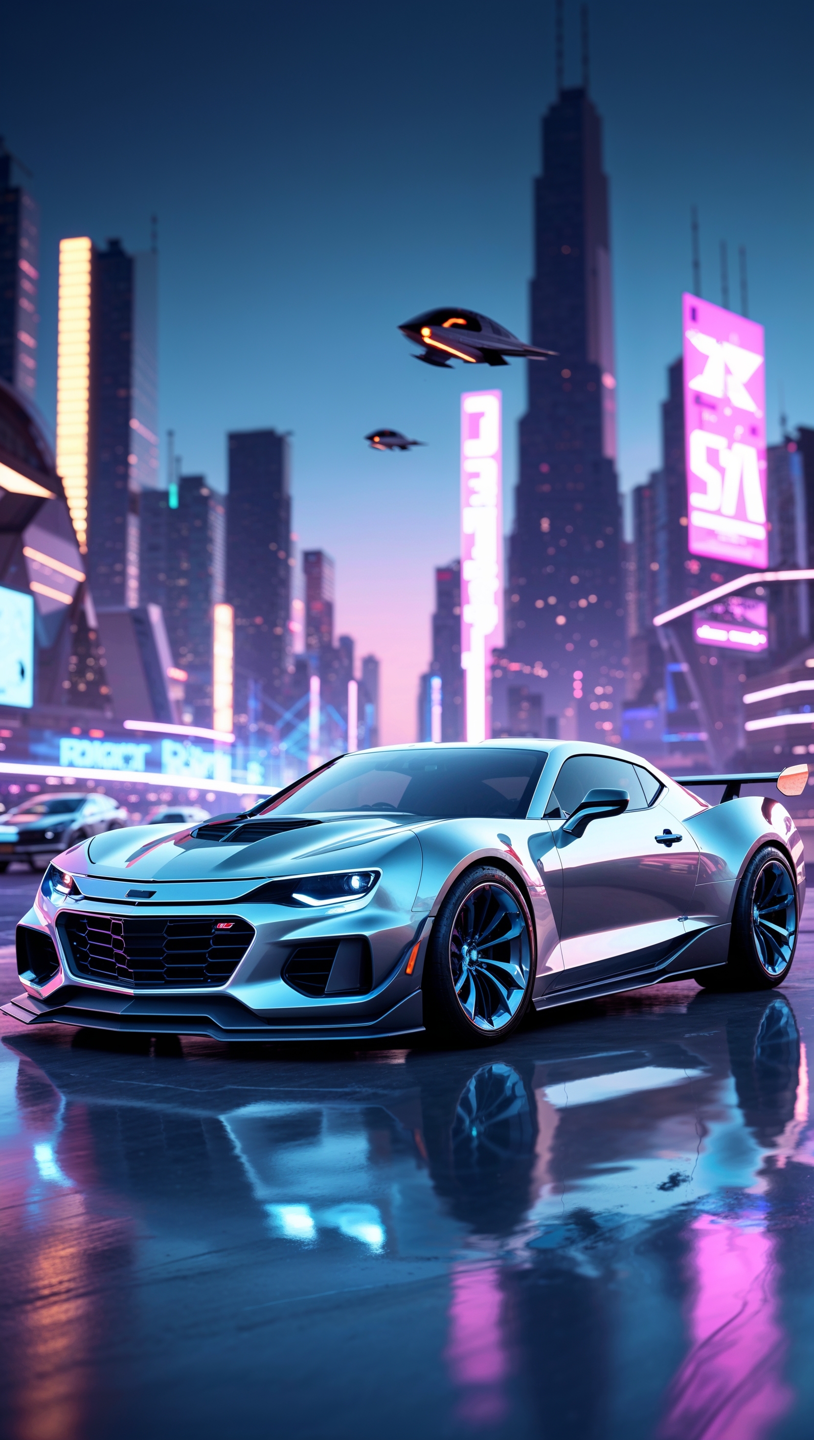 A silver Chevy sports car in front of a futuristic city, sci-fi vibe, iPhone wallpaper