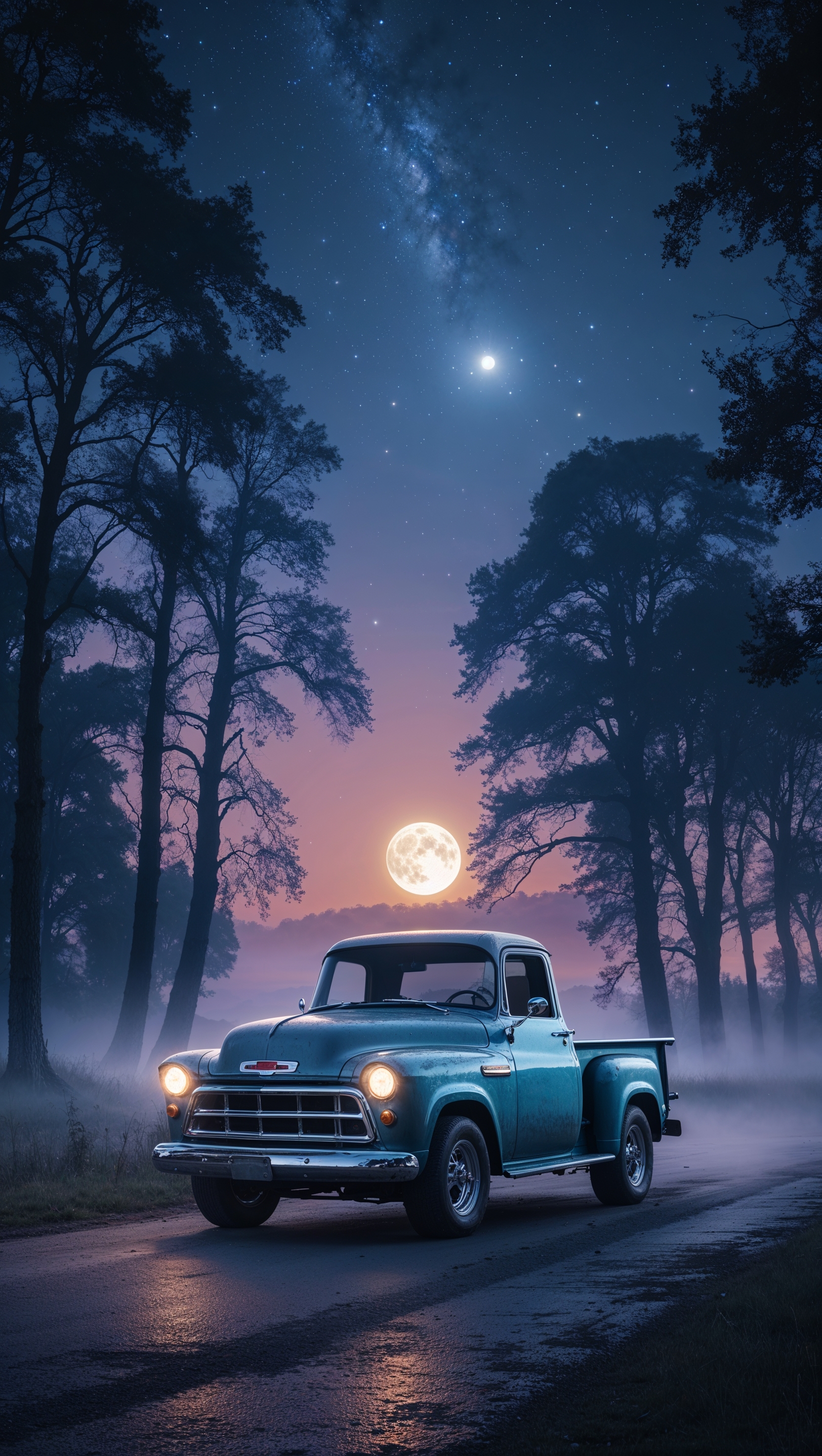A night scene with a Chevy truck under starry skies, peaceful mood, iPhone wallpaper