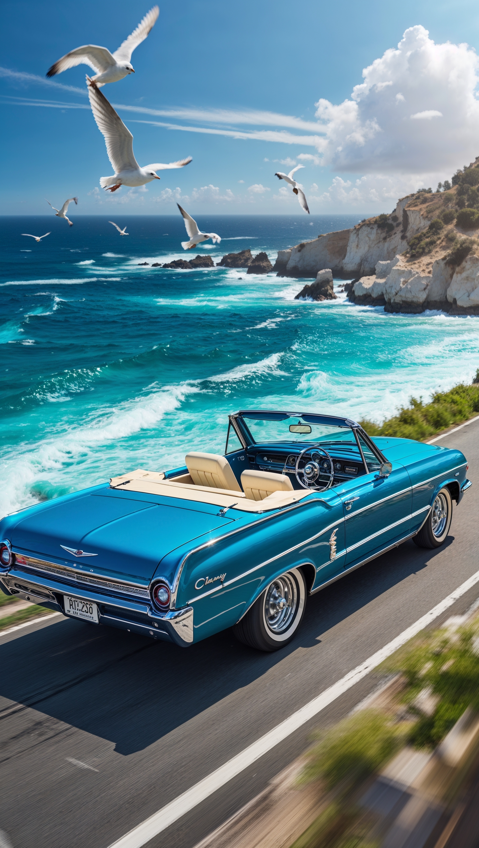 A blue Chevy convertible driving along the coast, summer vibes, iPhone wallpaper