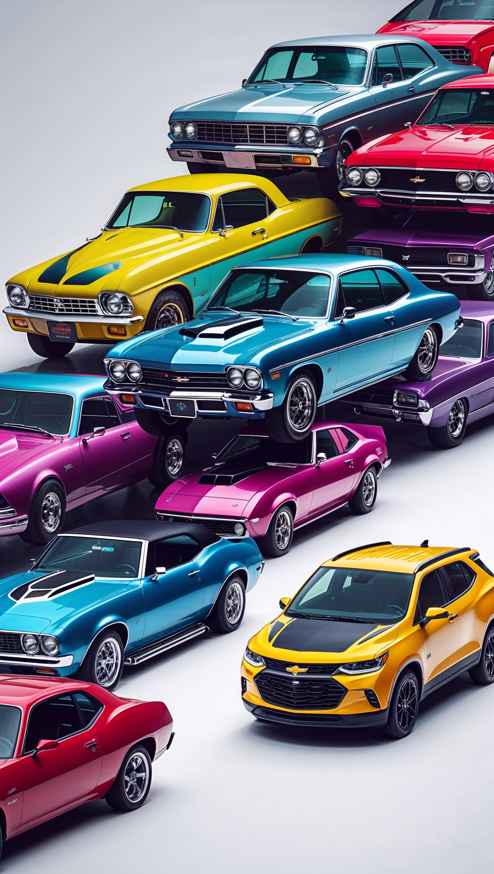 A lineup of different Chevy models from each decade, collage style, iPhone wallpaper