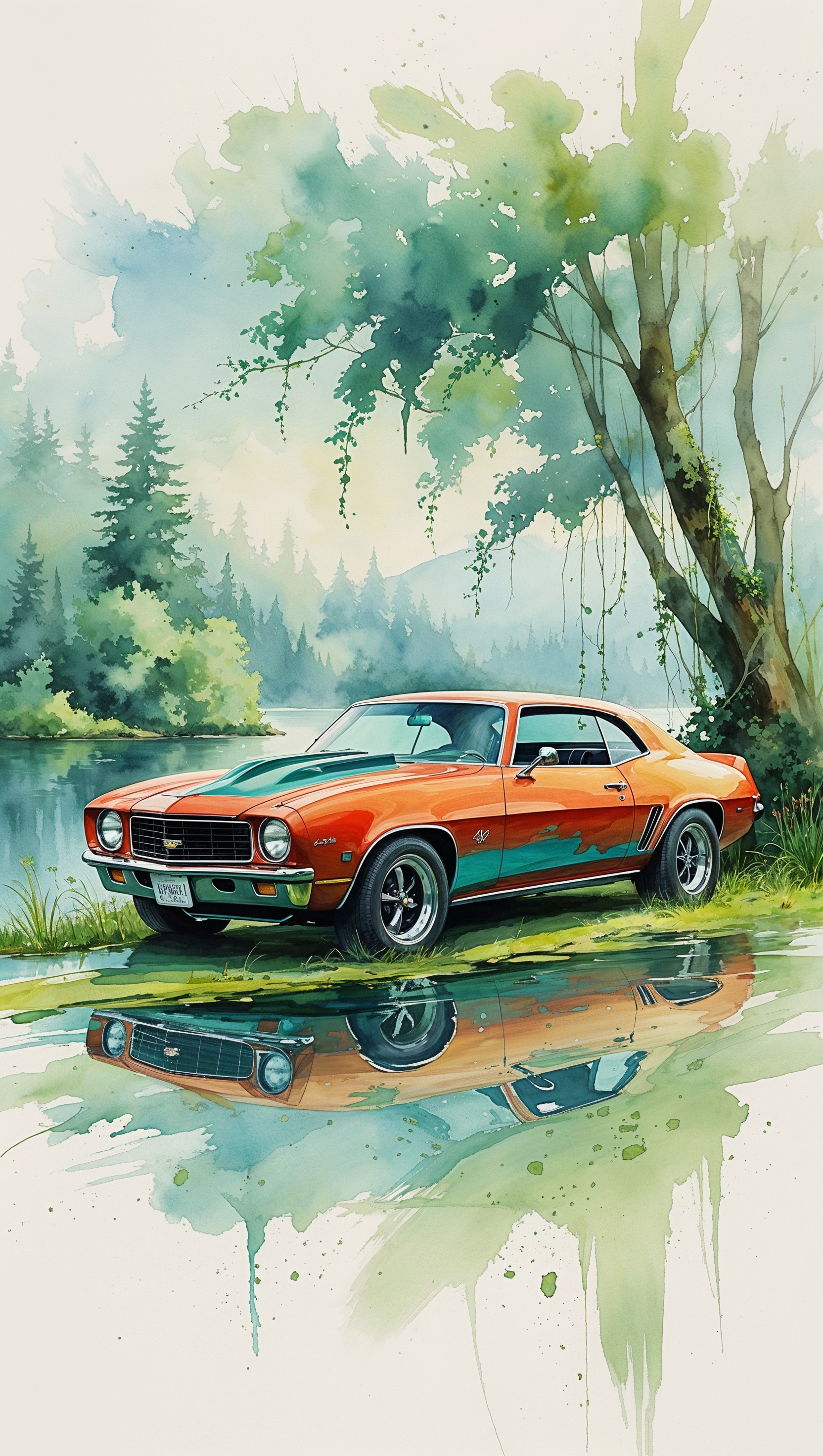 Artistic watercolor painting of a Chevy in nature, artistic background, iPhone wallpaper