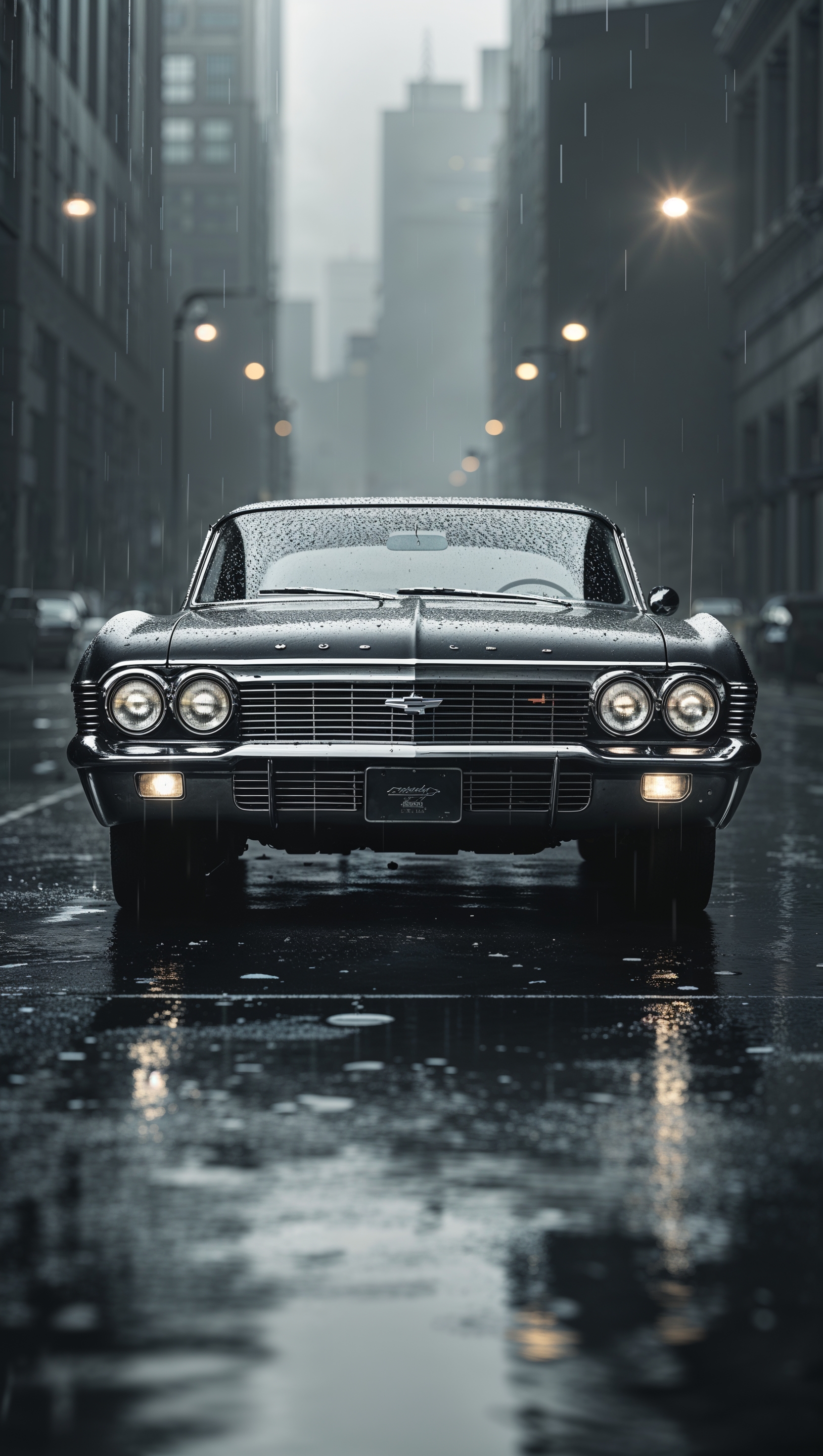 Moody black-and-white photo of a classic Chevy in the rain, vintage film look, iPhone wallpaper