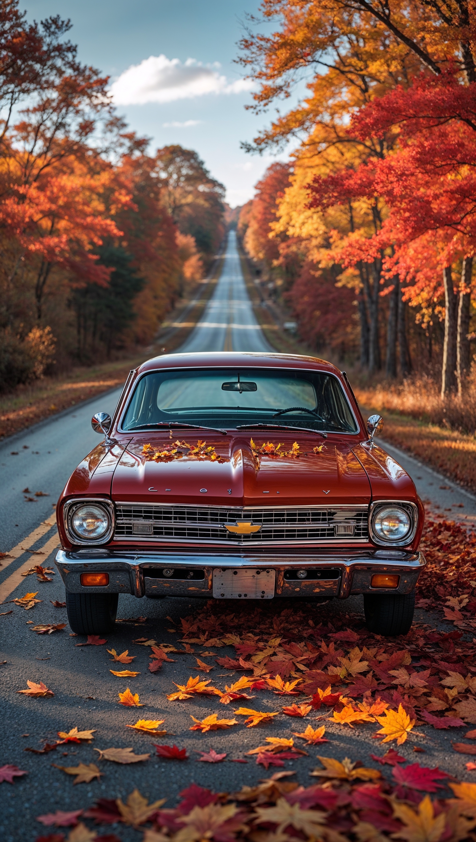 Chevy Nova surrounded by autumn leaves on a quiet road, cozy feeling, iPhone wallpaper