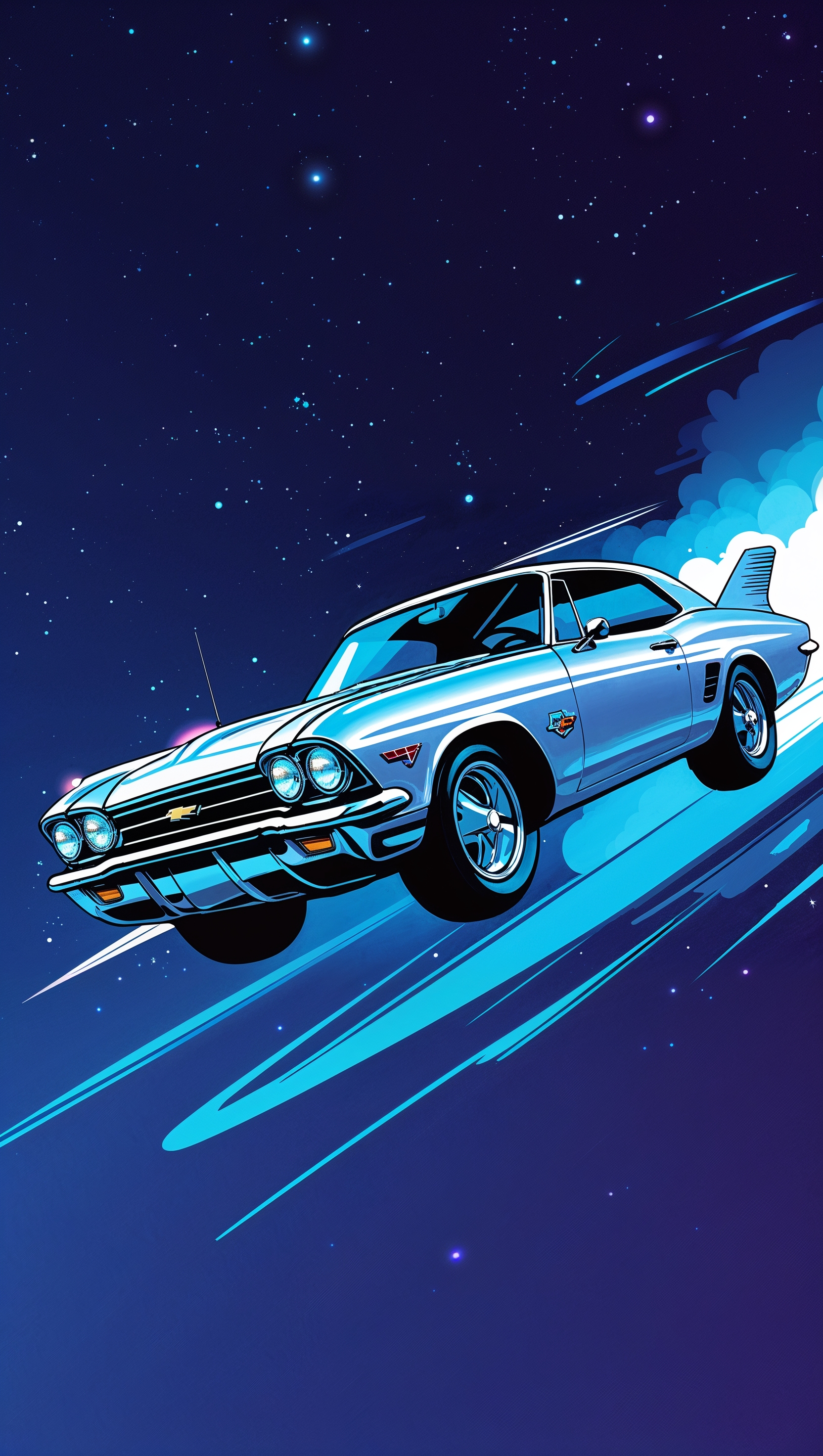 Retro-futuristic illustration of a Chevy flying car, sci-fi art style, iPhone wallpaper