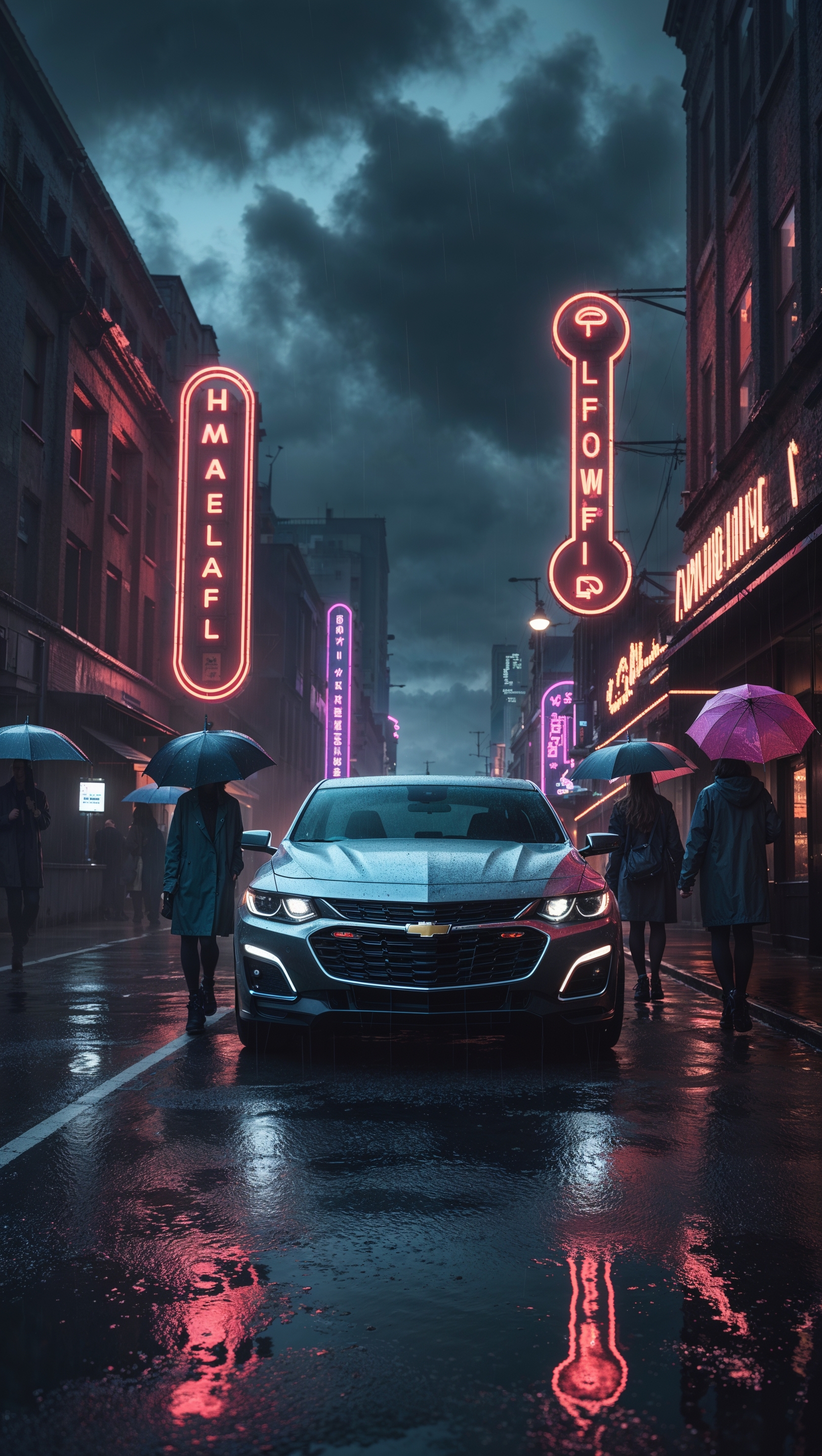 A rainy city street with a Chevy Malibu reflecting neon lights, moody and stylish, iPhone wallpaper